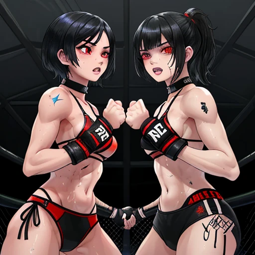 Two young and beautiful female mixed martial artists with blood on their hands、We're pushing hard with all our might。Fighting inside the Octagon。Rivals。black hair short cut。Physical limits。gritting teeth。desperate look。sweaty。Full of scars。thin waist。Muscular body。open finger gloves。bikini。