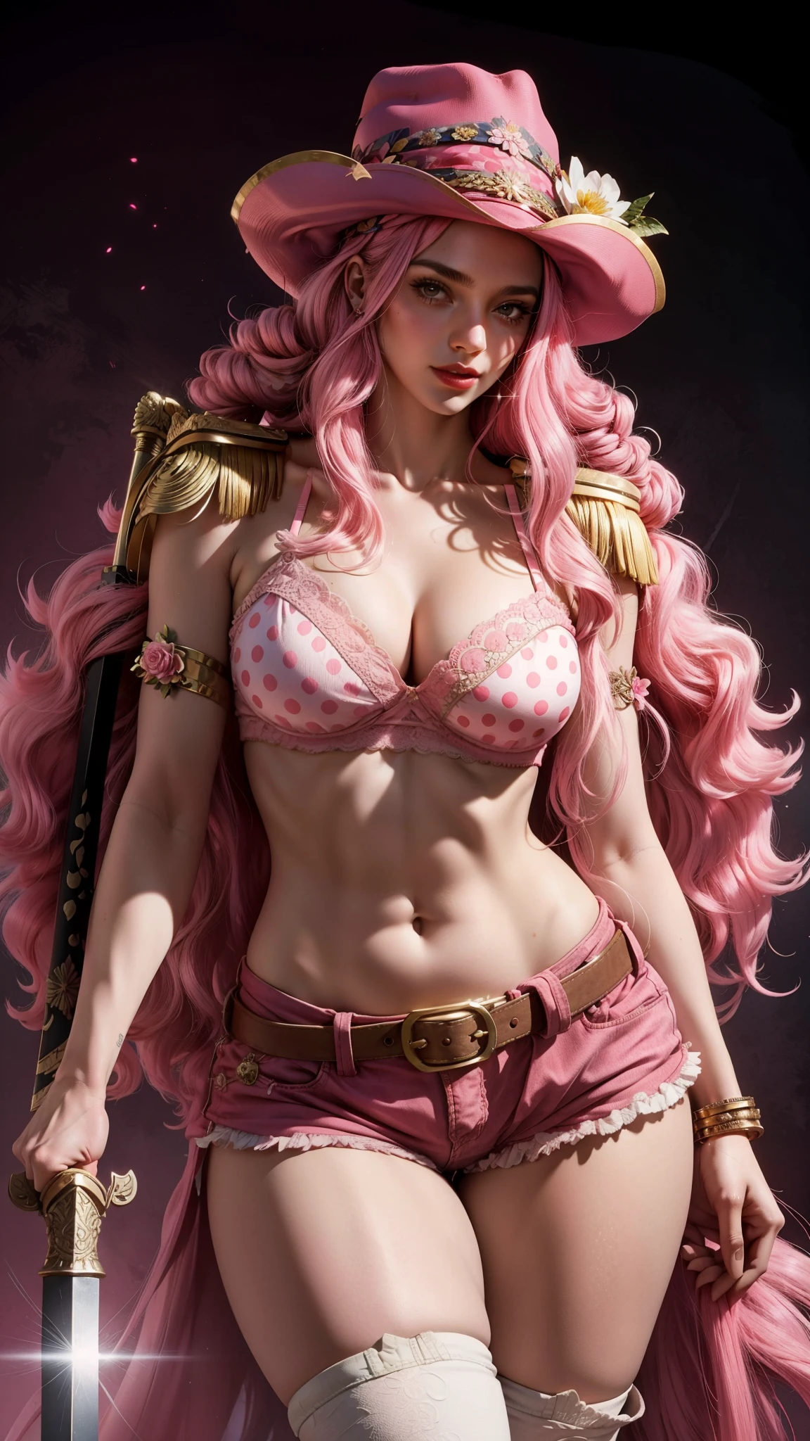 Young woman with long pink hair,large breasts and wide hips, thick thighs,wearing only flowery pink bra and short shorts,white boot,with a pink hat,with a sword sheathed at her waist,the hilt of the sword is golden