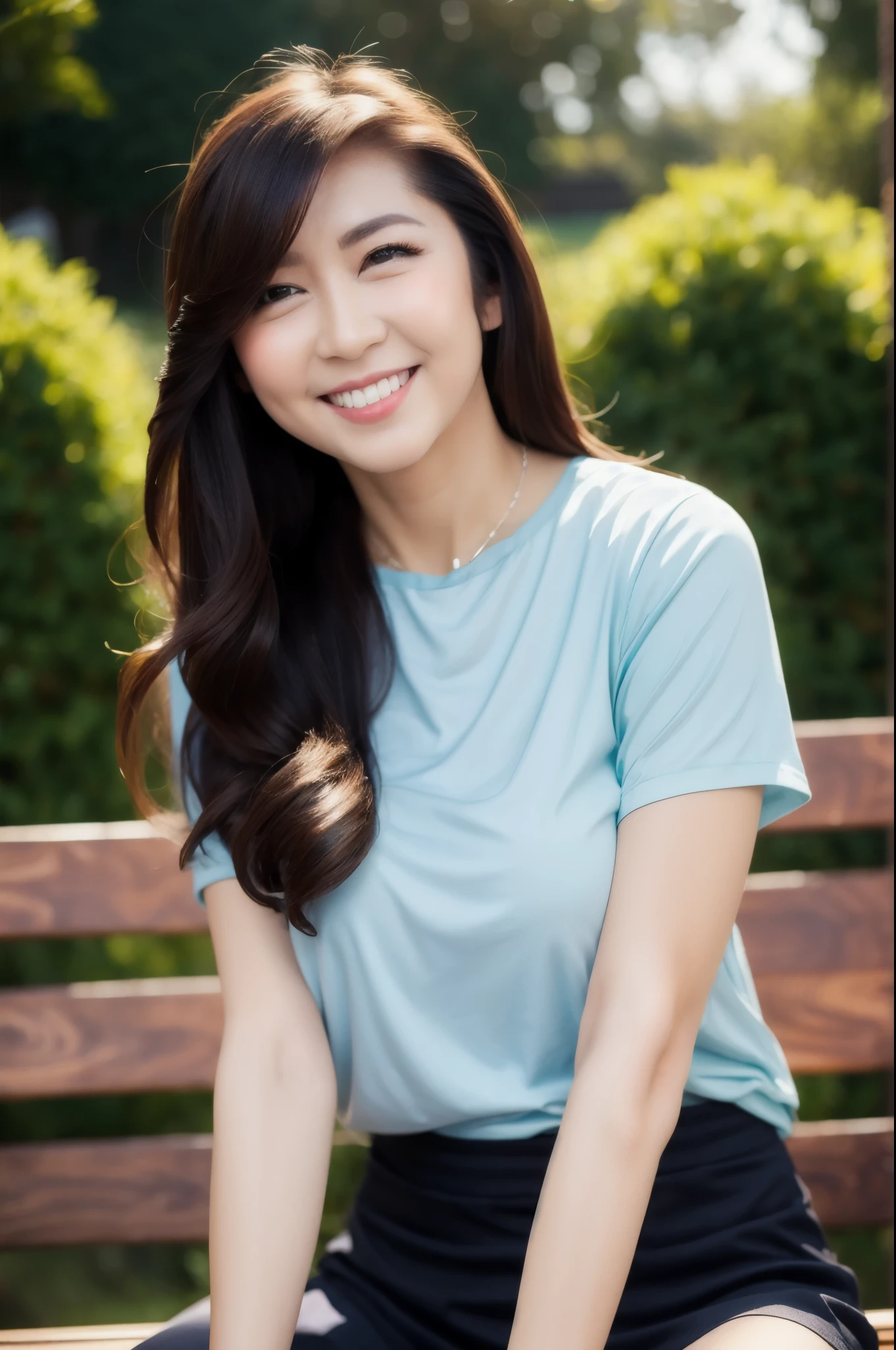 sitting on bench, blue t-shirt, black short skirt, garden background, photo of jessicave, solo focus, (detailed face), black hair, long hair, black eye, beautiful face, large breasts : 1.3, looking at viewer, cowboy shot, smiling, closed mouth