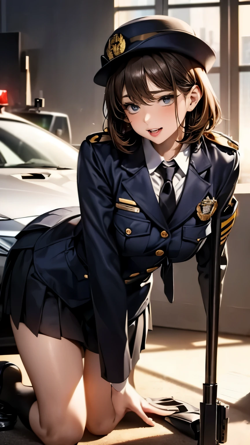 highest quality、masterpiece、8K、realistic、ultra high resolution、very delicate and beautiful、HDR、cinematic lighting、medium range shot、portrait、perfect female body、Beautiful woman、mature woman、Put your hands on your head、look at the viewer、medium breasts、cityscape、(short bob、brown hair)、((policewoman:1.4、uniform、limited cap、Uniform button、tie、uniform jacket))、Police Vehicles、Baton、handcuffs、wireless、vest、leather shoes、name tag、Uniform patch、Bulletproof vest、police badge、skirt、boots、gun、police badge、epaulettes、uniform skirt、Fucked Silly From Behind:1.6