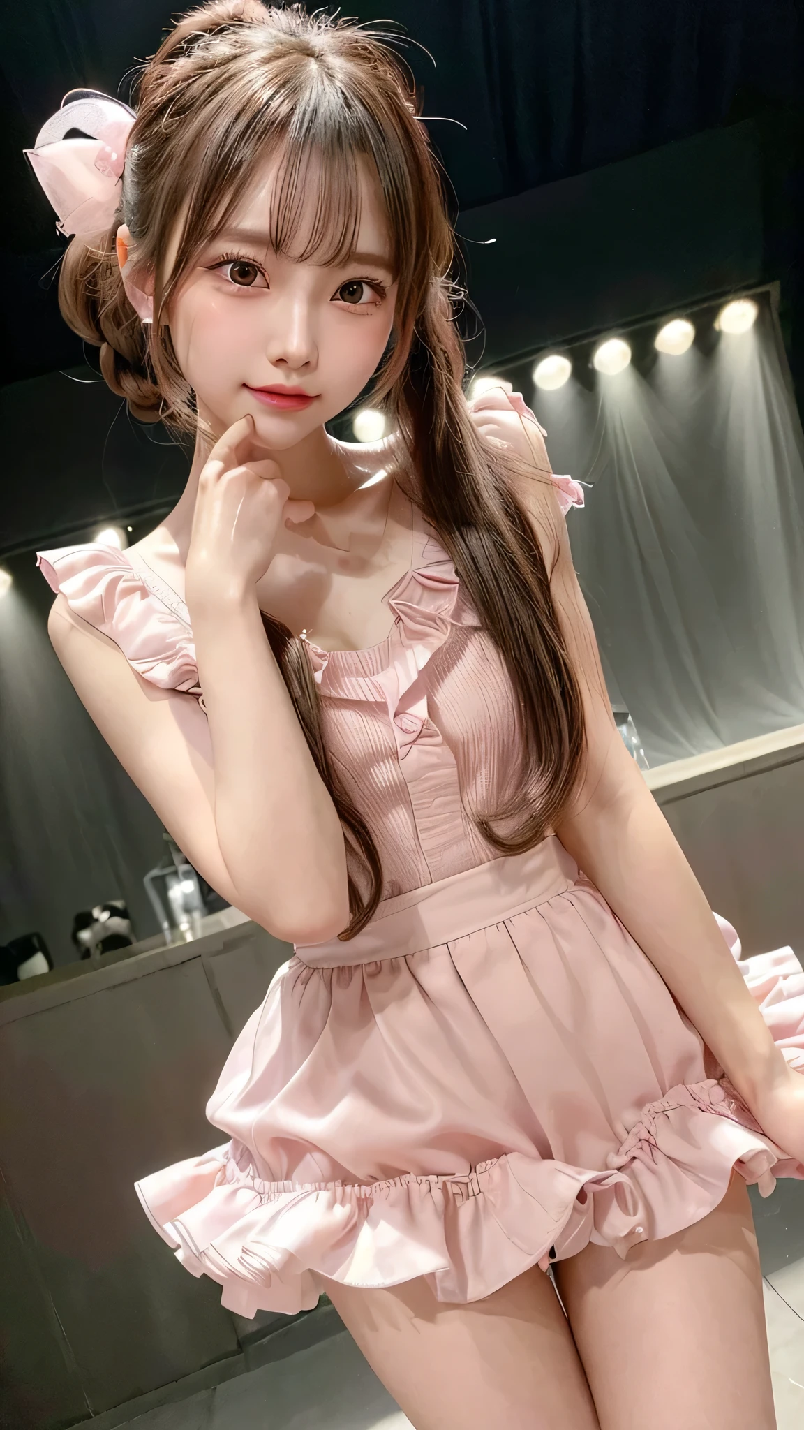 close up of face,blush,face forward,small breasts,,long hair ponytail,on stage,in the spotlight,((8K, Raw photo, best quality, muste piece:1.2), (Reality, photorealistic:1.4), (Highly detailed 8K wallpaper), Depth of the bounds written, cinematic lighting, soft light, detailed beauty eye,Shiny and smooth light brown ponytail, asymmetrical bangs, shiny skin, super detailed skin ,high resolution, high detail, detailed hairstyle, detailed beauty face, hyper real, perfect limbs, perfect anatomy ,1 Japanese girl,famous japanese idol, perfect female body,shy smile,short eyelashes,double-edged eyelids,look straight here,Hair style is ponytail、Pink colored long dress with lots of ruffles, softly shaped skirt, standing on stage,pink ribbon on head,She is wearing a skirt with lots of frills,pose is random,Neat clothes