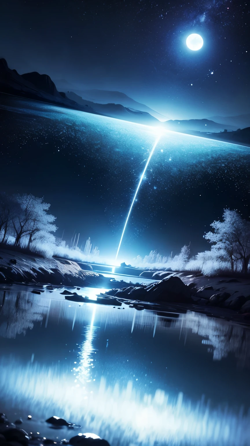 The night sky with a bright blue moon shines in the wide river, reflecting its sparkling silhouette
