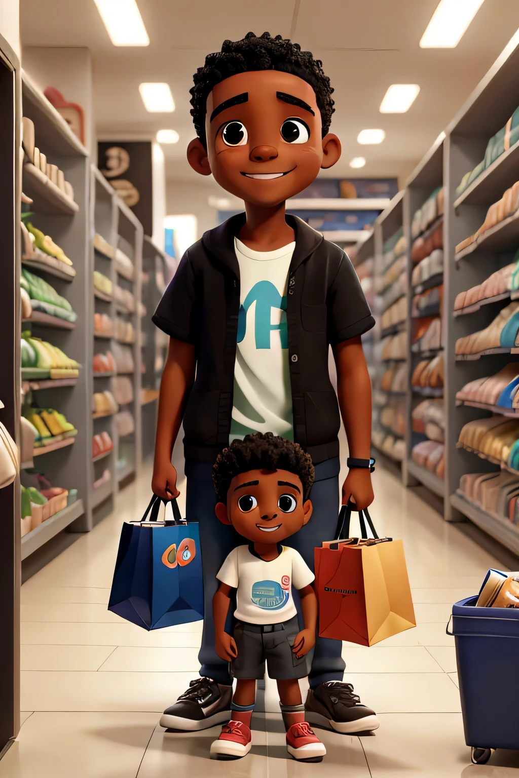 negro, 12 anoz, olhos grandes, with family, segurando sacolas de compras