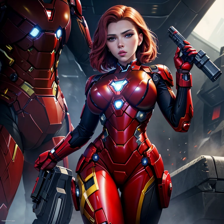 Scarlett Johansson, black widow, mech suit, iron man suit, 20 year old Russian girl, big , perfect body, perfect breasts, high quality, sexy, skin tight, sexy look, NSFW ,(masterpiece) ,best quality , 