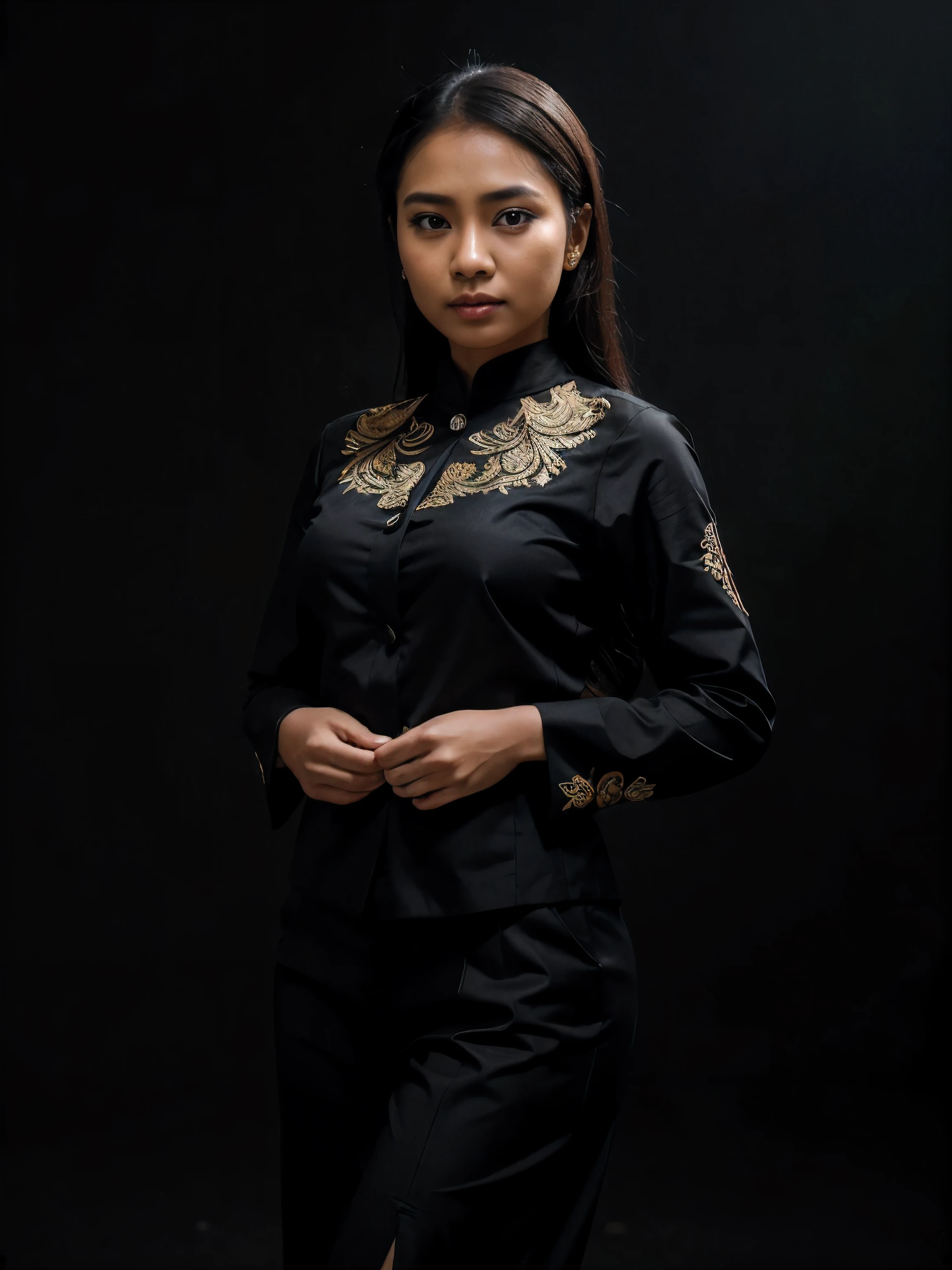 A young woman from Indonesia wearing a black Javanese kebaya hijab is standing in an interesting pose. Black background. Facial details, ultra realistic, super detailed, ultra HD, 8K Resolution