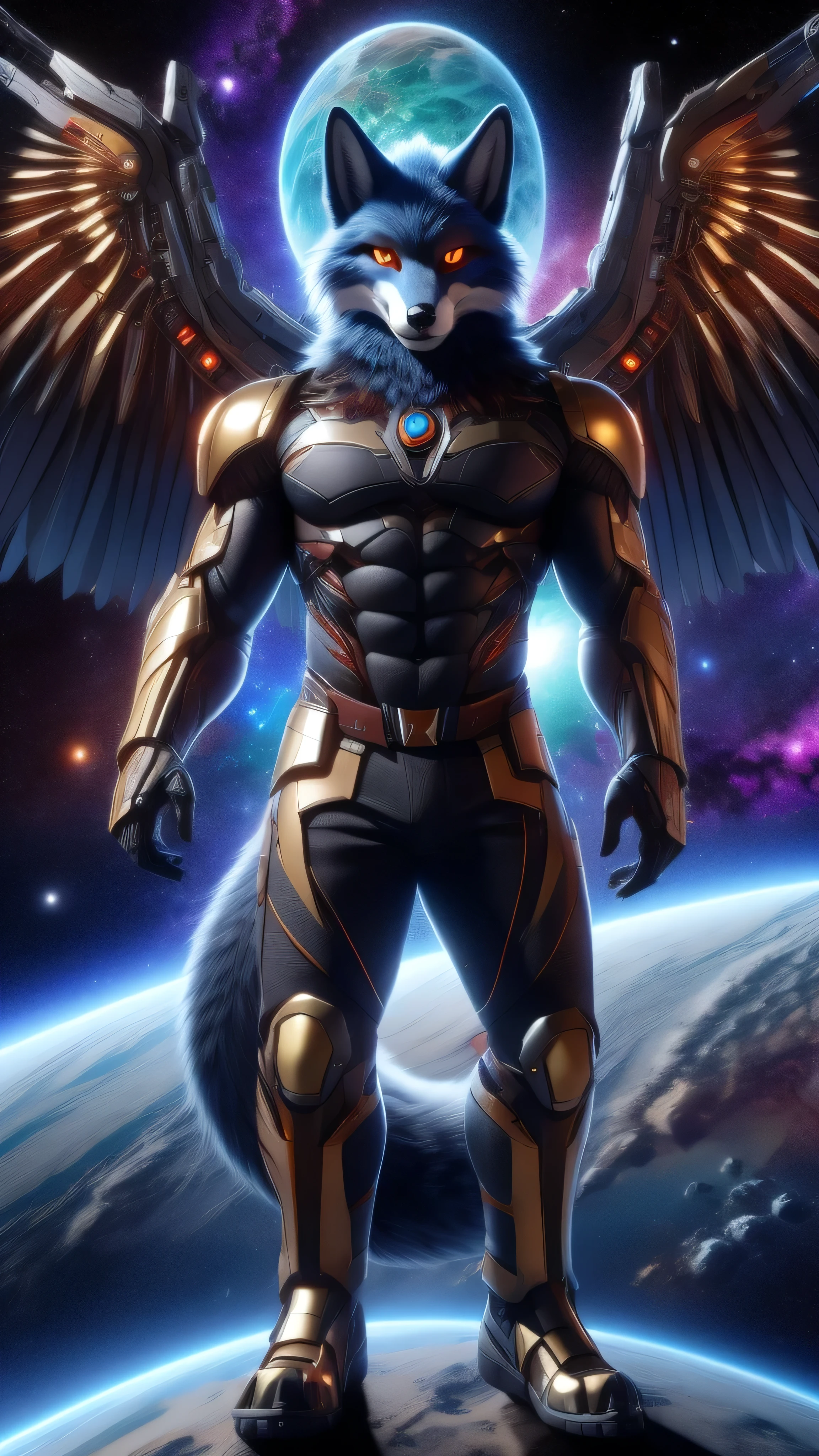 An adult muscular male Fox fursuit looking at the viewer digital serious expression golden wings outer space and entire galaxy background original style and a golden armor full body view 