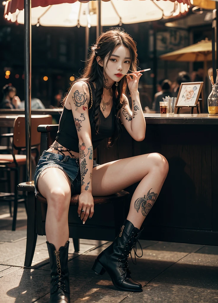 arafed woman with tattoos smoking a cigarette in a carousel, (( smoking a cigarette)), Smoke from cigarettes、Cai Xukun, ((wearing boots)), Cai Xukun, of taiwanese girl with tattoos, Inspired by Elsa Breda, Written by Emma Andijewska, with tattoos, tattooed, inked, Inspired by Kim Duk-shin, tattoo, The aesthetics of War Paint, yakuza slim girl, Neutral person, by Mika Klein