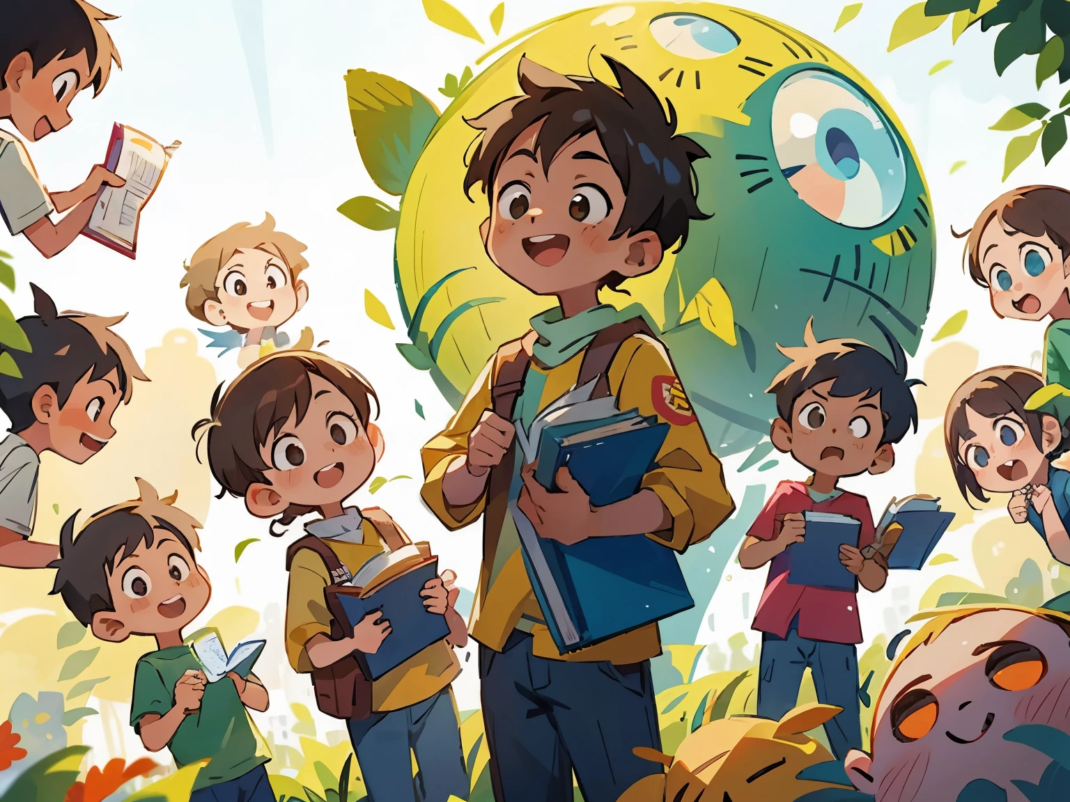 A group of diverse boys and girls, with beaming smiles on their faces, happily standing side by side, each holding a colorful stack of books in their hands.