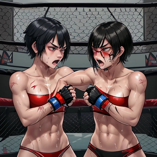 A fierce exchange of blows between two beautiful young female MMA fighters, both of whom are bleeding.。Throwing kicks and punches at the opponent's body。Exchanging blows inside the Octagon。Rivals。black hair short cut。Physical limits。painful expression。sweaty。Full of scars。Shortness of breath with open mouth。thin waist。Muscular body。open finger gloves。naked。