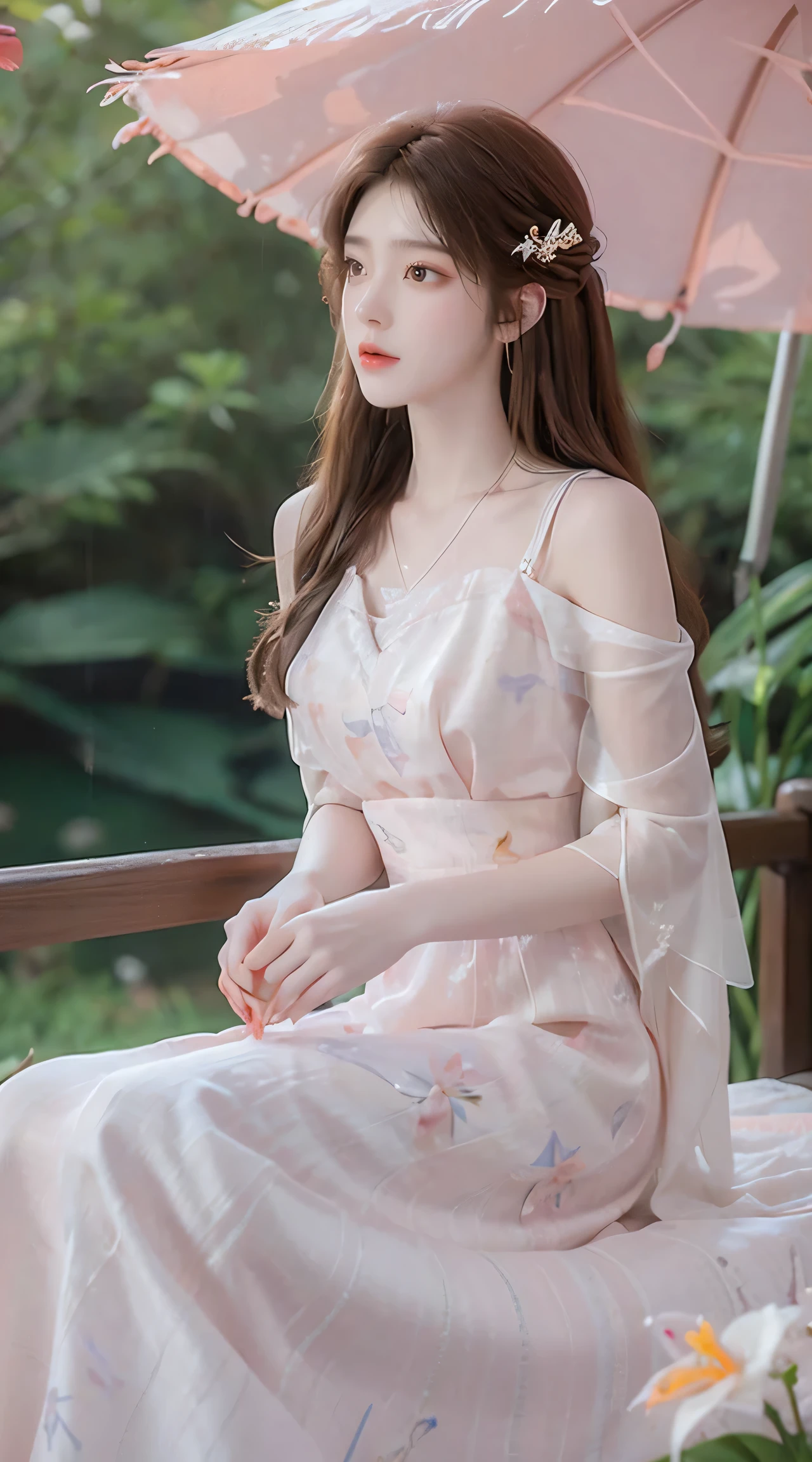 Sweet girl dress2,dress, One hand resting on his lips、There are white butterfly orchids around the hair，Lilac dendrobium、orange lily、white lilies、1 girl in、Full body photo、brown hair、floated hair、Hazy beauty、Have extremely beautiful facial features、Hairpin on the head、Lie in the flowers、Drag your chin with both hands、perfect hand、rosette、(springtime、raining day、butterflys、precipice)、 vectorial art、Chinese contemporary art、softlighting、intertwined scarves、looking-down