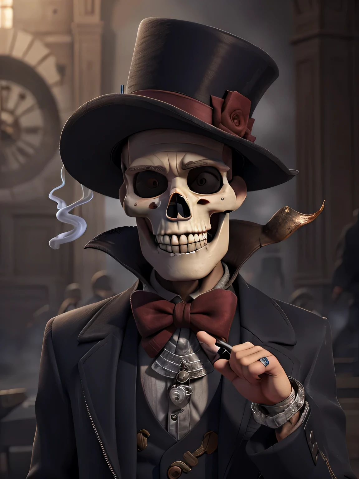 a skull with a hat and a cigarette in its mouth, digital art by Tom Wänerstrand, trend in cg society, gothic art, um esqueleto fumando um charuto, esqueletos fumando charutos, O Rei da Morte, with a crown of skulls, olhar, 8 k altamente detalhado ❤🔥 🔥 💀 🤖 🚀, portrait skull clown, skull clown, ((skull))