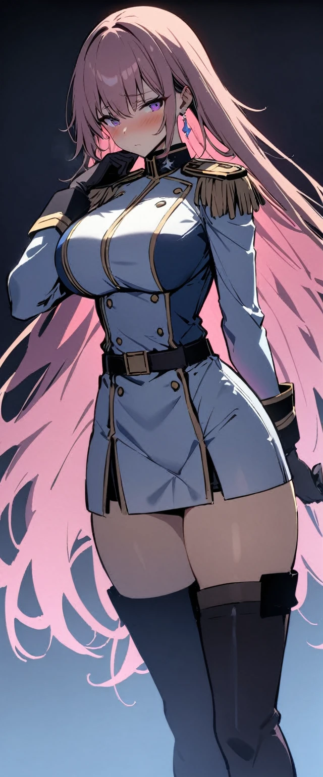 masterpiece, highest quality, 1girl, standing, solo, big breasts, slender waist, thick thighs ,white military uniform, epaulettes, thigh boots, military uniform, military, uniform, belt, shorts, boots, earrings, jewelry, gloves, white pencil skirt, thighhighs, Long straight pink hair, purple eyes, shy face, blush, white magicglow aura, extreme long shot example, glow background