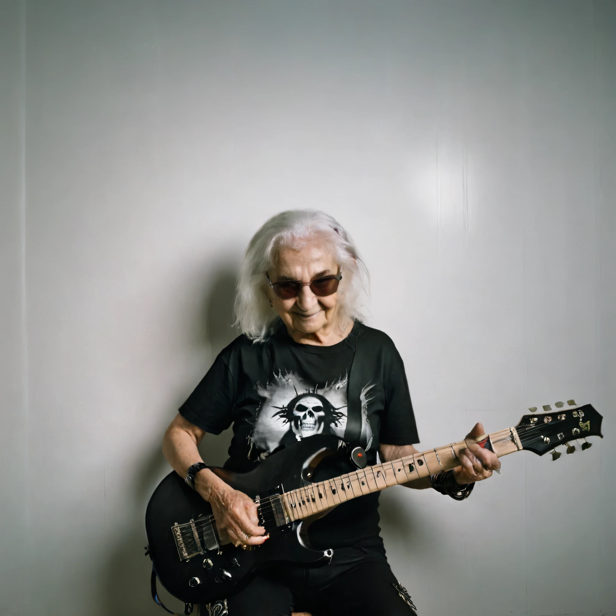 old lady with black metal t-shirt playing electric guitar, evil smile, fundo branco, backlight, cinematic lighting, f/1.8, Hasselblad, 35mm, de lado, Ultra HD, Anatomicamente Correto, preciso, alta qualidade, pele texturizada, super detalhe, Melhor qualidade, high resolution