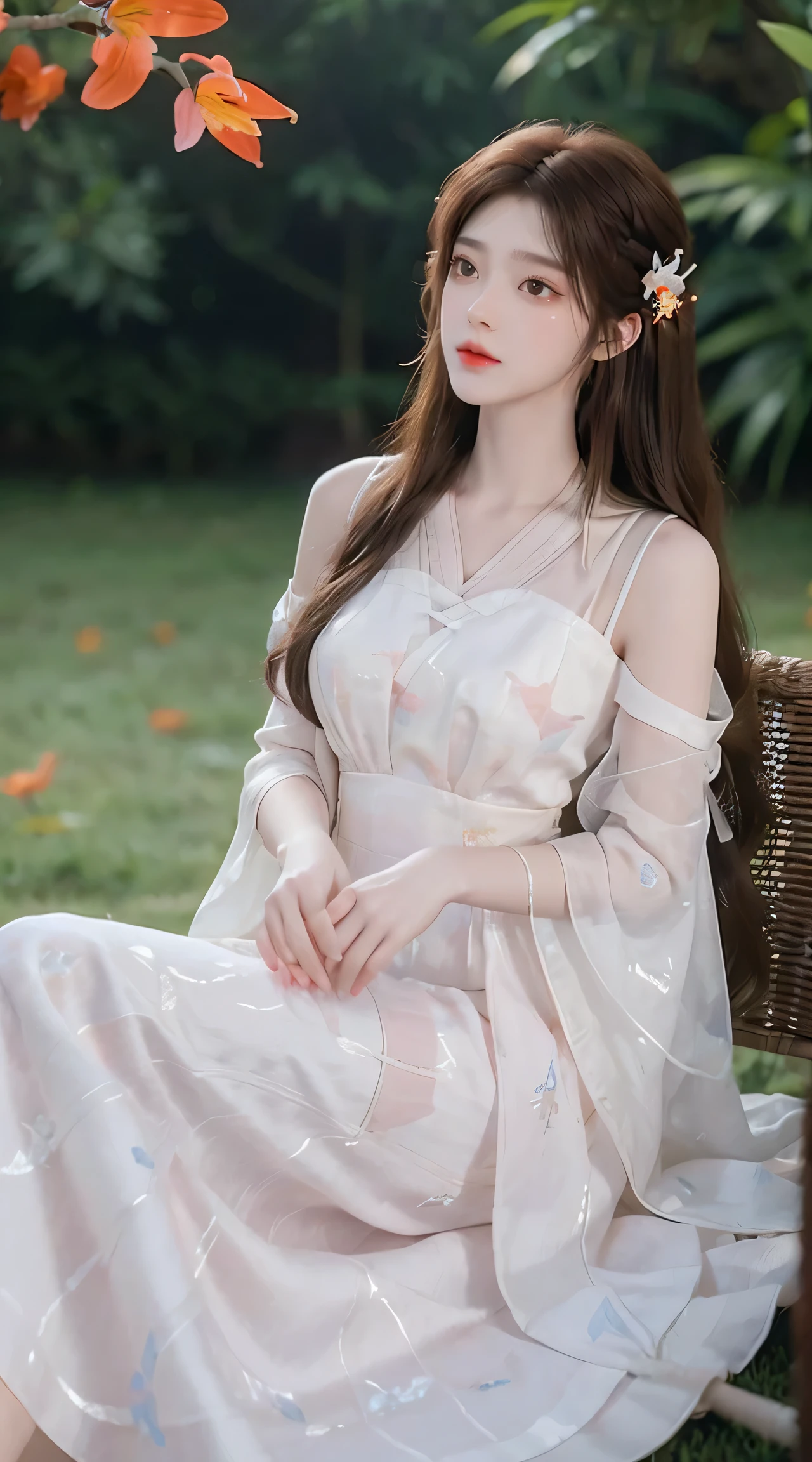 Sweet girl dress2,dress, One hand resting on his lips、There are white butterfly orchids around the hair,Lilac dendrobium、orange lily、white lilies、1 girl in、Full body photo、brown hair、floated hair、Hazy beauty、Have extremely beautiful facial features、Hairpin on the head、Lie in the flowers、Drag your chin with both hands、perfect hand、rosette、(springtime、raining day、butterflys、precipice)、 vectorial art、Chinese contemporary art、softlighting、intertwined scarves、looking-down