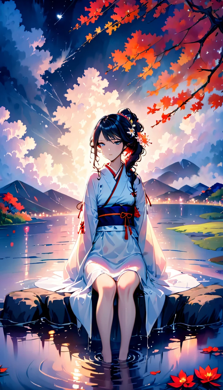 beautiful woman,Full body soaked in water,8head and body,Japanese clothing,night,月night,colorful clouds,star,wet skin,sexy,Sadness,glossy,Sit on the water