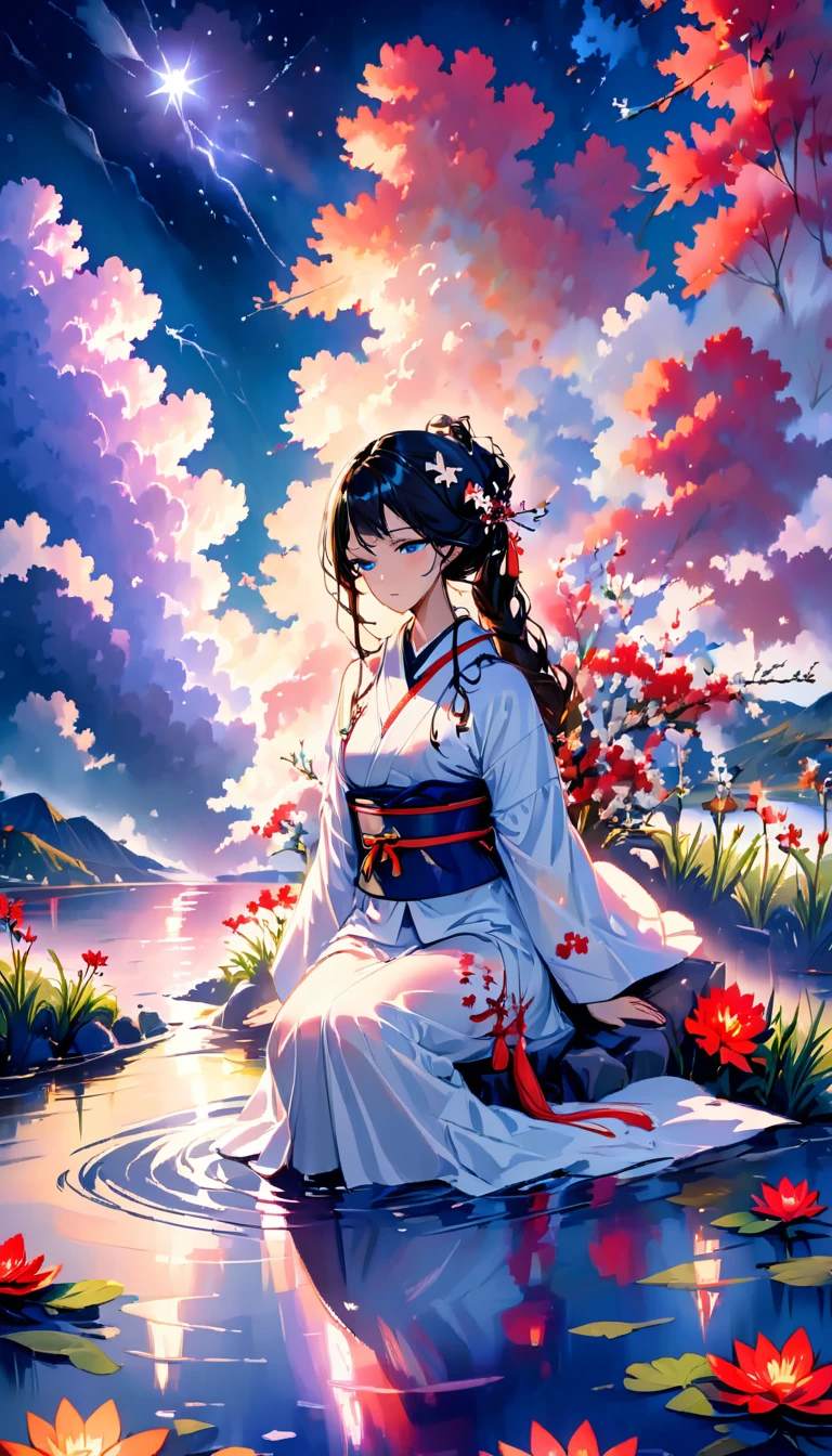 beautiful woman，Full body soaked in water，８head and body，Japanese clothing，night，月night，colorful clouds，star，wet skin，sexy，Sadness，glossy，Sit on the water