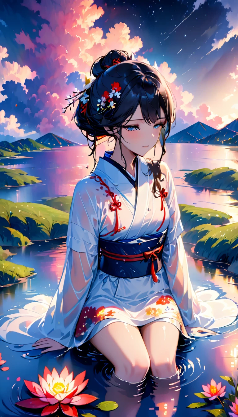 beautiful woman,Full body soaked in water,8head and body,Japanese clothing,night,月night,colorful clouds,star,wet skin,sexy,Sadness,glossy,Sit on the water