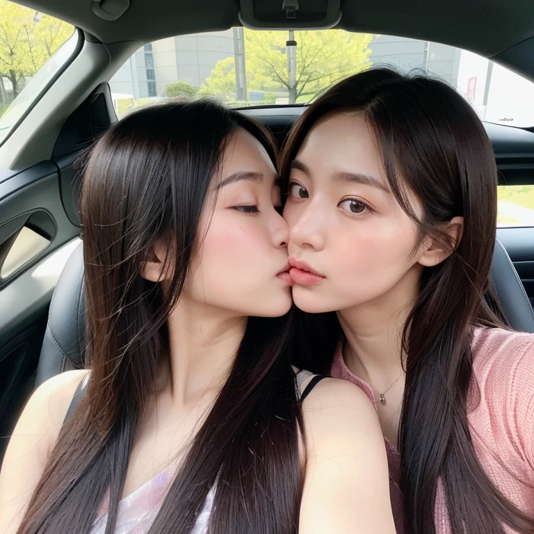 The eyes of two beautiful 18-year-old Japanese women are sitting in the back seat of a car, wearing large translucent peach fabrics over their heads to make it difficult for them to see, as they kiss, facing each other without worrying about me. Focal length 100mmf/2.8, spring, sunny, backseat in a minivan, cherry blossom petals inside the car, well-shaped face, familiar kisses, usual kisses, lips to lips, toned body, transparent Beautiful skin, large translucent peach fabric, maximum close-up of eyes, realistic feeling, 8K image quality, highest quality.