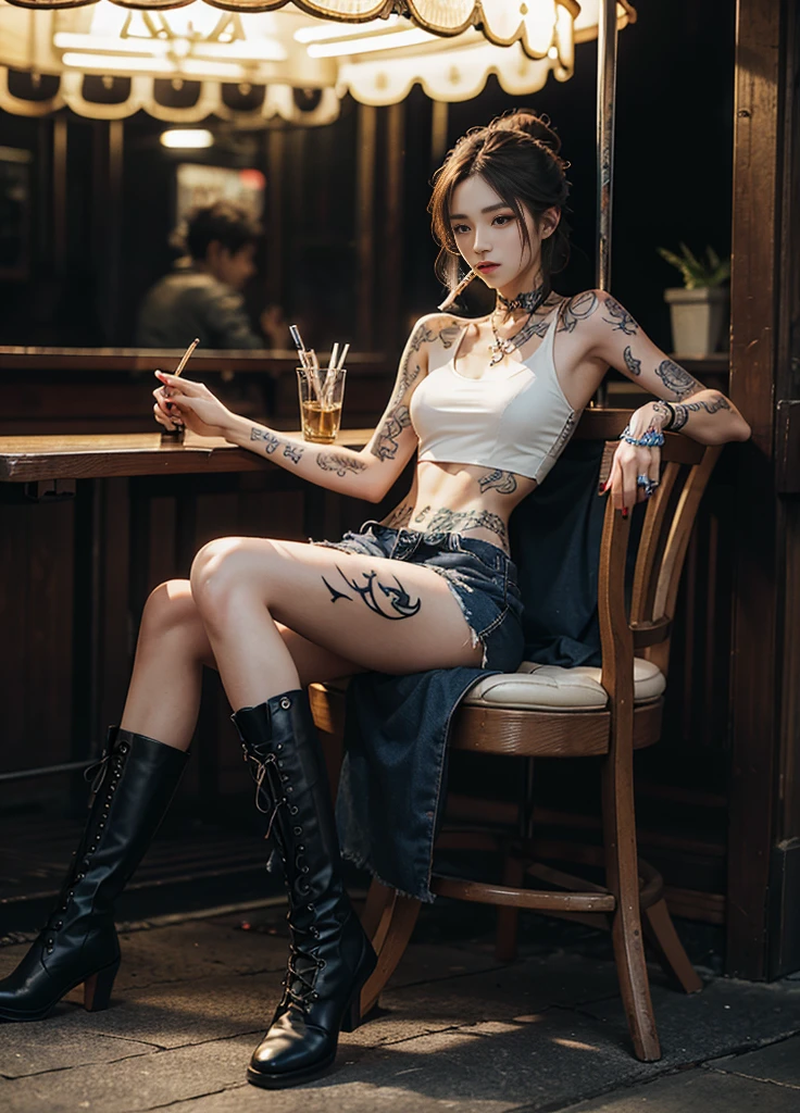 arafed woman with tattoos smoking a cigarette in a carousel, (( smoking a cigarette)), Smoke from cigarettes、Cai Xukun, ((wearing boots)), Cai Xukun, of taiwanese girl with tattoos, Inspired by Elsa Breda, Written by Emma Andijewska, with tattoos, tattooed, inked, Inspired by Kim Duk-shin, tattoo, The aesthetics of War Paint, yakuza slim girl, Neutral person, by Mika Klein