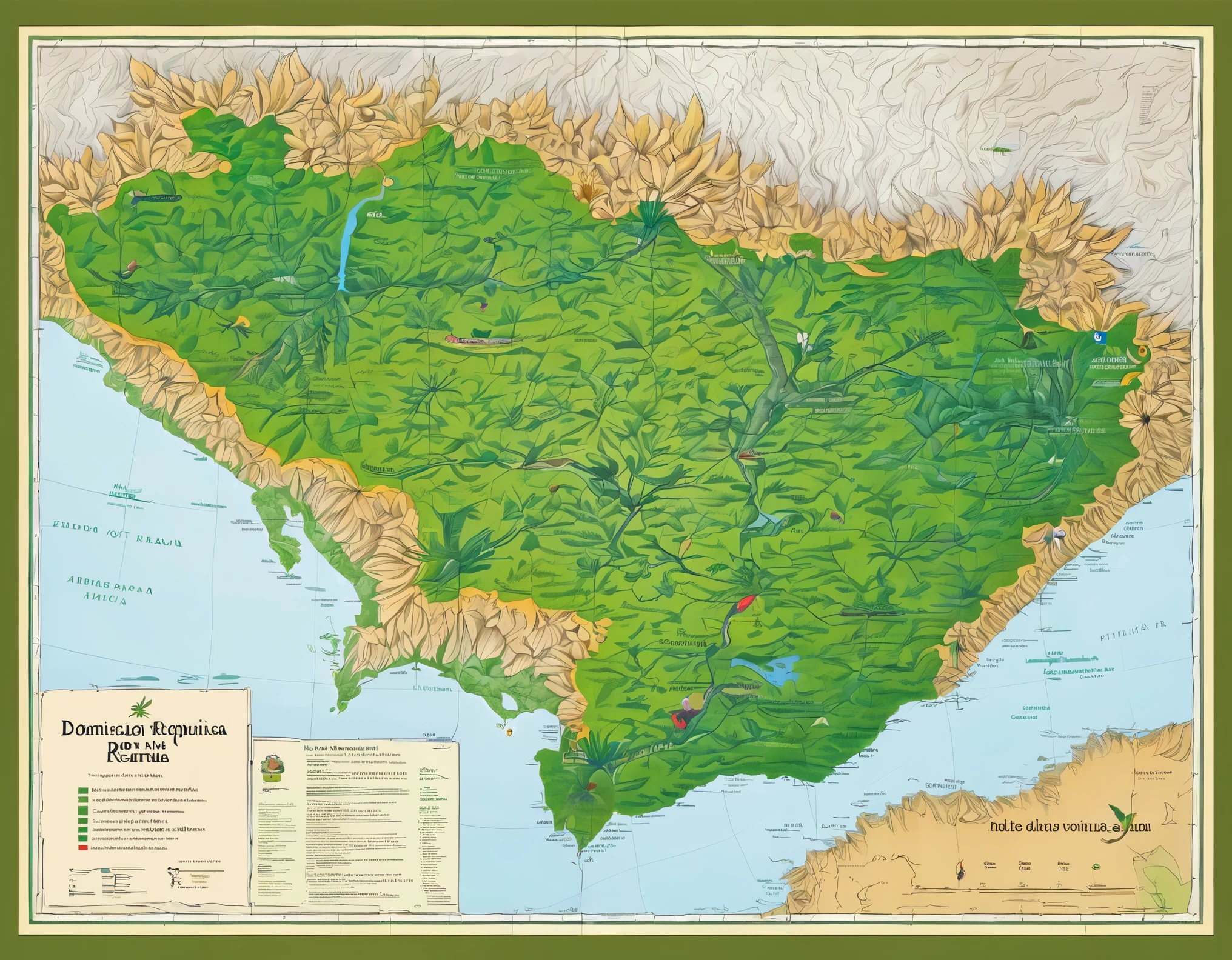Make a map of the Dominican Republic saying the flower and fauna species of the protected areas marked in green and put a place in a corner ( esquema ) acerca de las especies flores y faunas