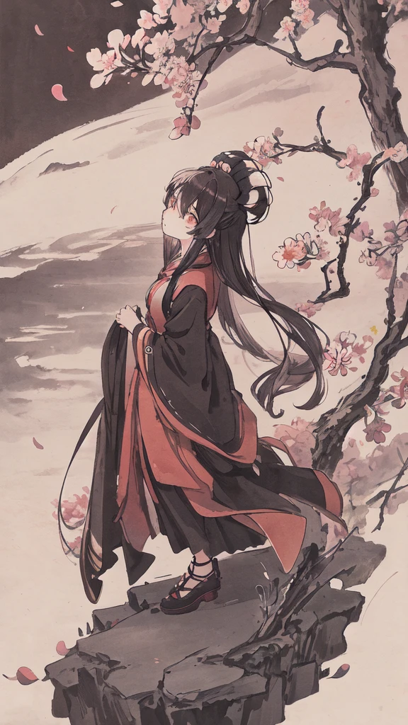 masterpiece, highest quality, night, hill, cloud, full moon, long hair, woman, silhouette, firefly,cherry blossoms,pitch black background