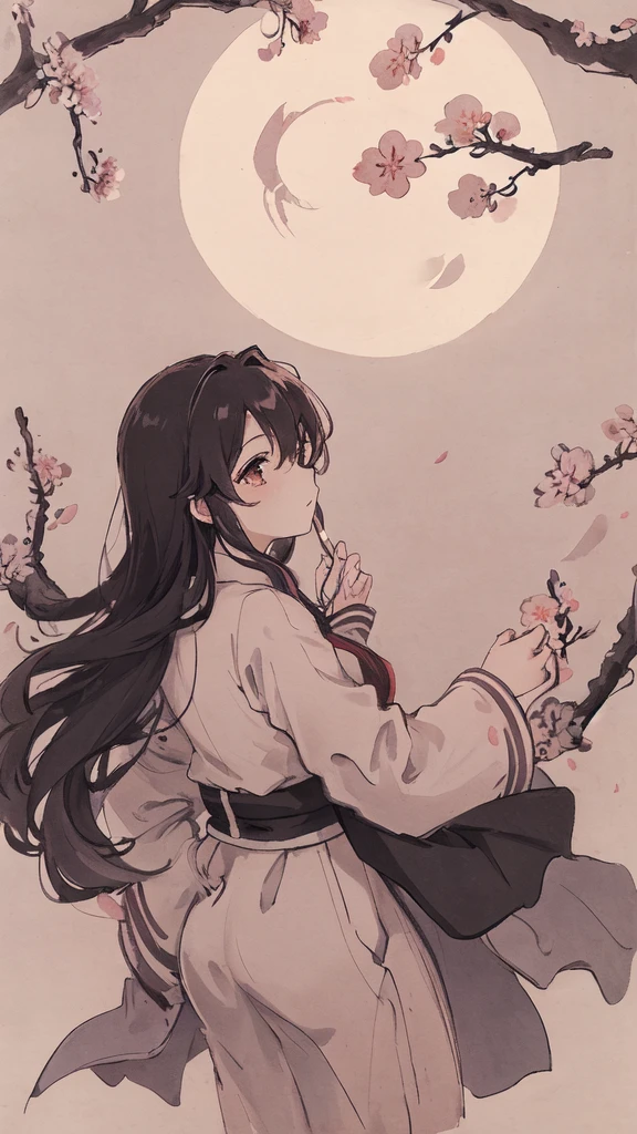 masterpiece, highest quality, night, hill, cloud, full moon, long hair, woman, silhouette, firefly,cherry blossoms,pitch black background