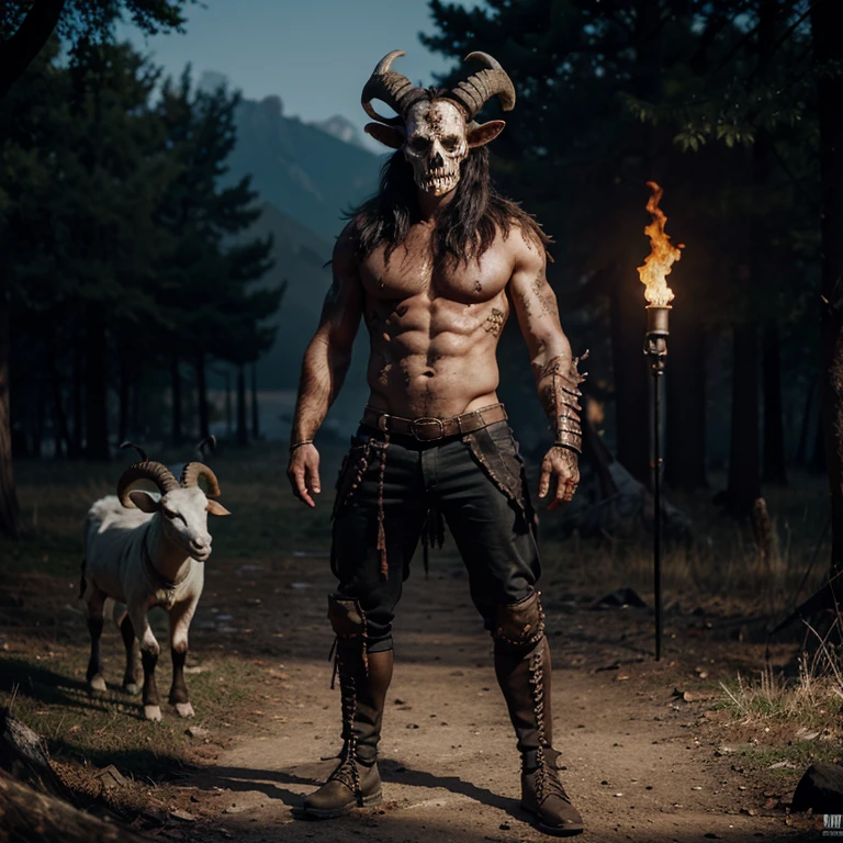 Wild nightmare warrior with man body and undead goat-horned skull, fire eyes, warpaint, full body