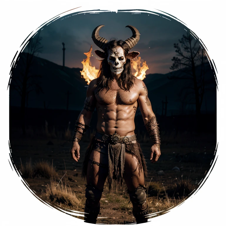 Wild nightmare warrior with man body and undead goat-horned skull, fire eyes, warpaint, full body