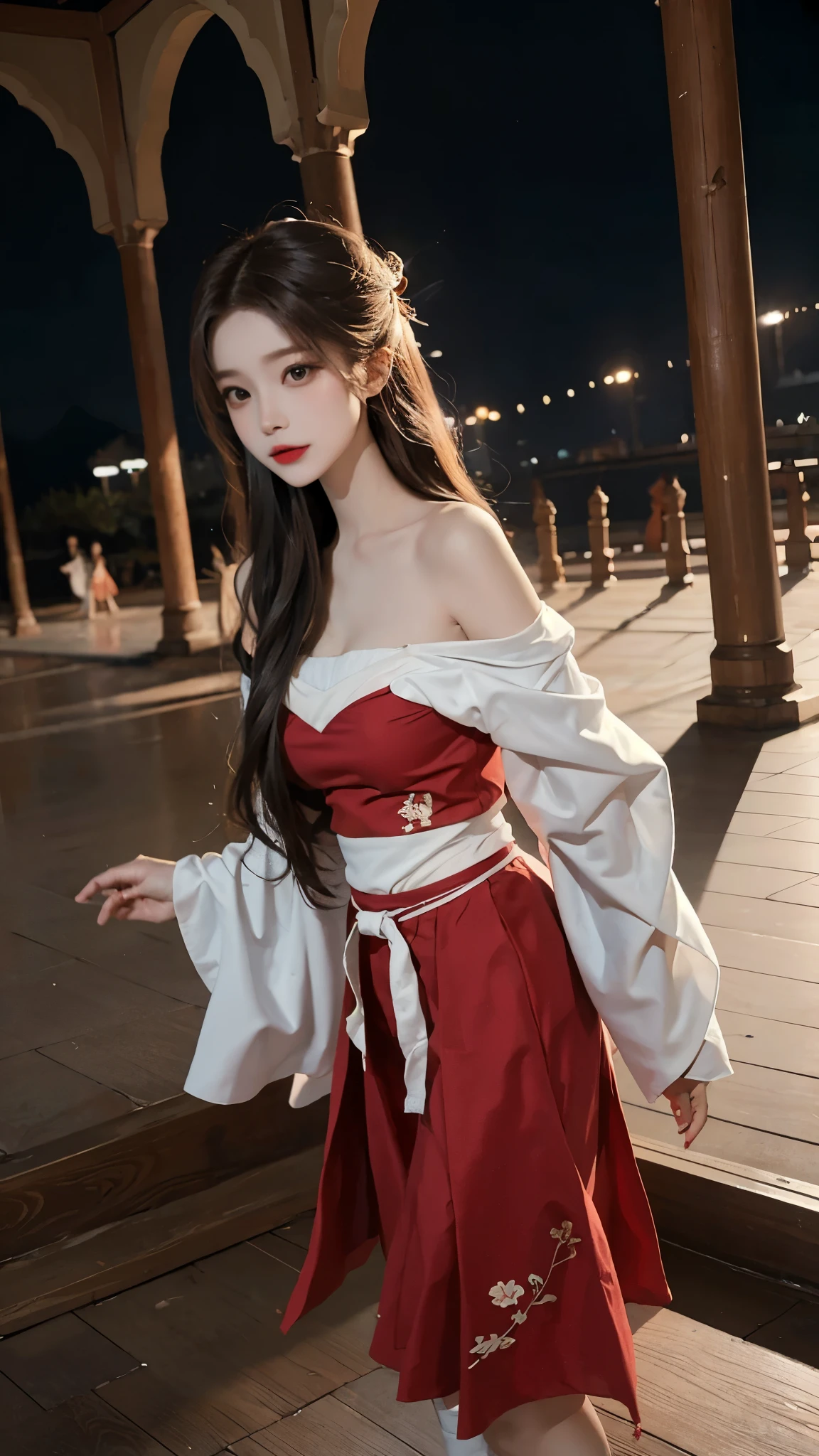 masterpiece,real photos,(solo) Real light and shadow,Backlight,Contour light,Shallow depth of field。night time,Chinese beauty with long straight reddish brown hair,looking into camera, Wearing gorgeous off-shoulder Hanfu,The moonlight shines on the skin of her face,She dances her sleeves gracefully,As if dancing in the wind,The picture has a sense of rhythm,The skirt flutters,Exuding the elegance and magnificence of classical dance,Style with Dunhuang Flying Dance,taking photos by Fujifilm high-grain 400 film,full-body shot, wild-angle view