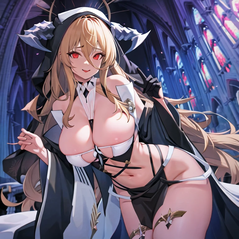 1 girl, Bangs, bare shoulders, between breasts, black skirt, raise your hands, black gloves, blonde hair, OK, , Sticking out tongue, Cover belly button, Habit, hair between eyes, halo, trumpet, huge breasts, unyielding \(Azure Lane\), long sleeve, looking at the audience, nun, pelvic curtain, Red eyes, Smile, alone, Very long hair, white, in the church