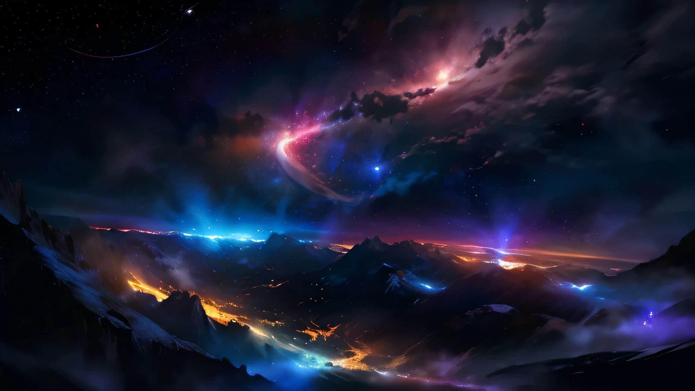 cosmic nebulae in a full sky, trying to understend the universe, main colors are blue and black