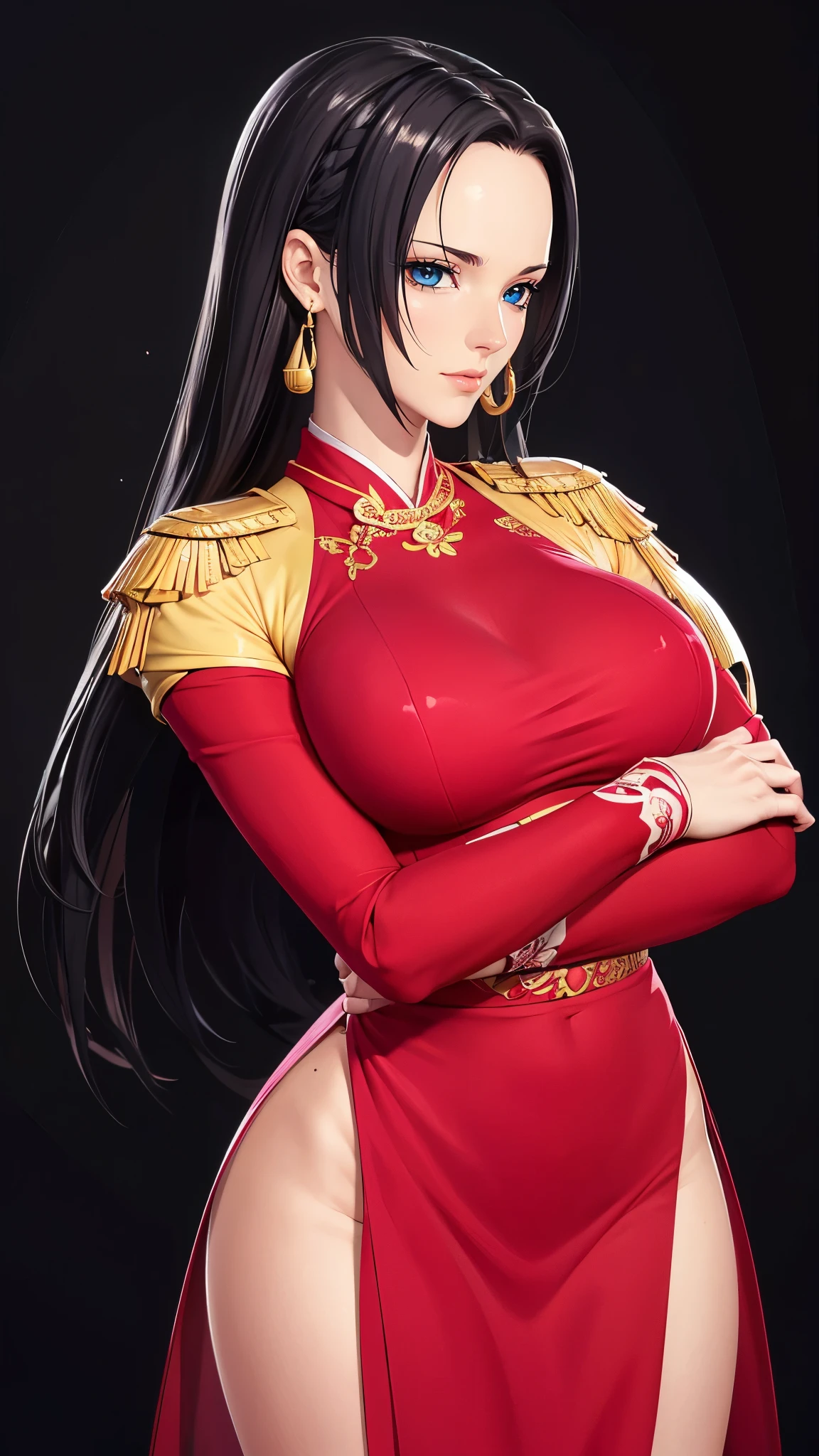 （（（完美figure，figure，cheongsam （（（boa hancock，Dark long hair, combed with a chiffon hairstyle, slightly wide forehead smooth and flat, deep blue eyes, slender and delicate corners of the eyes, almond eyes exuding a hint of coldness, nose bridge high and straight, nose small and delicate, lips soft without any wrinkles. Wearing a pair of snake shaped golden earrings under the ears）））((masterpiece)),high resolution, ((Best quality at best))，masterpiece，quality，Best quality，（（（ Exquisite facial features，looking at the audience,There is light in the eyes，Happy，lol））），型figure:1.7））），（（（Interlacing of light and shadow，huge boobs））），（（（looking into camera，black background，pose partially visible vulva,panties,Bend forward）））