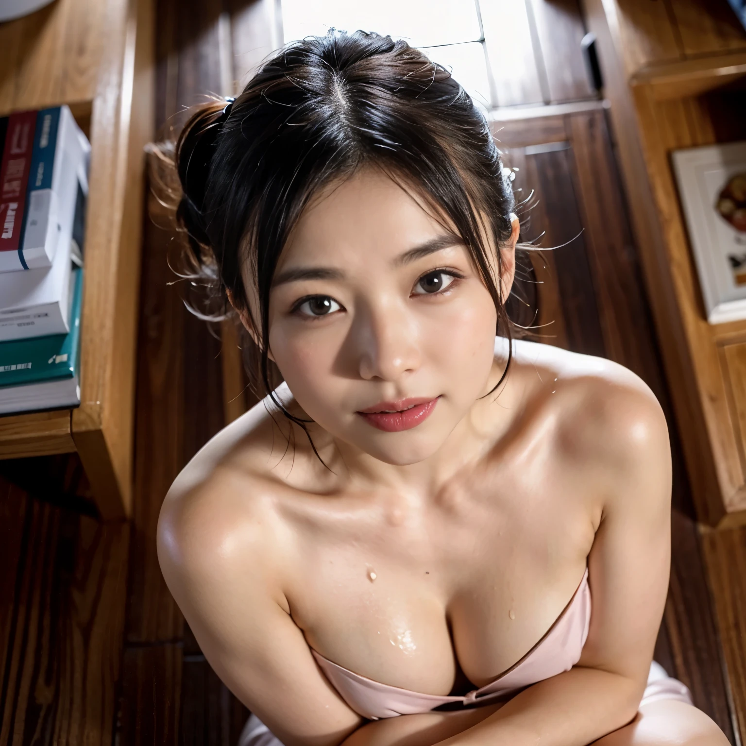 very high quality、get used to it、Two Japanese women with beautiful faces、single eyelid、amateur、Ordinary people、18 ～ Random age over 35、A little plump、1. Short Hair、People with ponytails、black hair、Completely naked:2.0、posture of looking up、look at the camera、attractive appearance、sharp pupils、half open mouth、stick out tongue、Stroking the chest、Orgasm look、expression of ecstasy、((blush:2.0、wet body:2.0、wet hair:2.0、Drool:2.0、Cum dripping onto her lips and cheeks:2.0、Sit on the floor、Angle from above))、In front of the bookshelf in the library、、anatomically correct body、