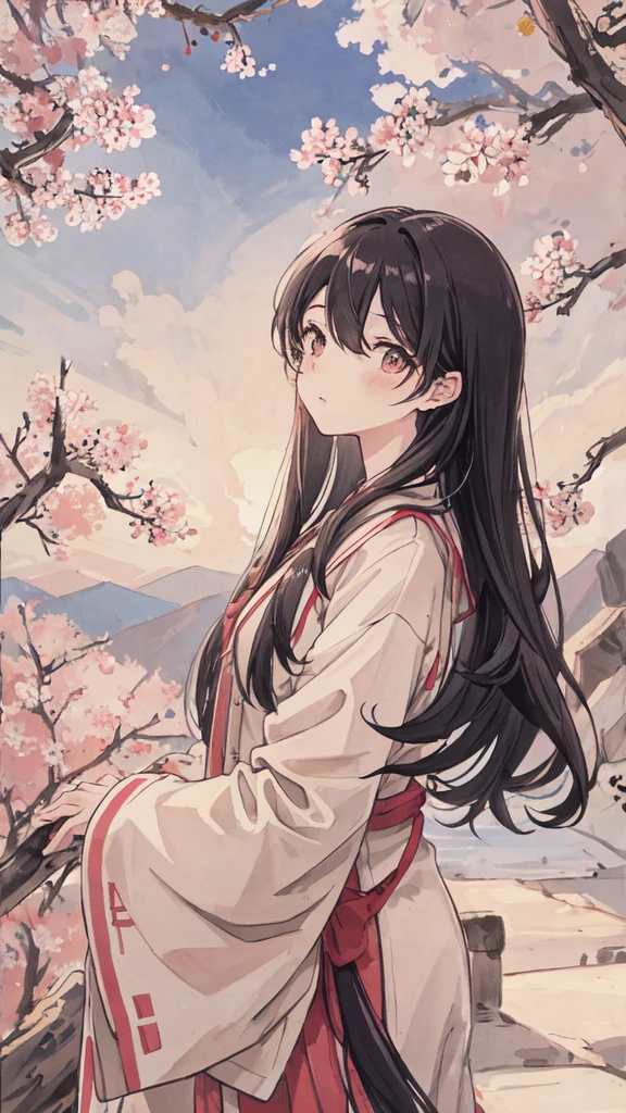 masterpiece, highest quality, morning, hill, cloud, long hair, woman, silhouette, firefly,cherry blossoms,blue sky background