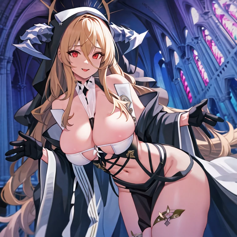 1 girl, Bangs, bare shoulders, between breasts, black skirt, (raise your hands), (black gloves), blonde hair, OK, , Sticking out tongue, Cover belly button, Habit, hair between eyes, halo, trumpet, huge breasts, unyielding \(Azure Lane\), long sleeve, looking at the audience, nun, pelvic curtain, Red eyes, Smile, alone, Very long hair, white, in the church