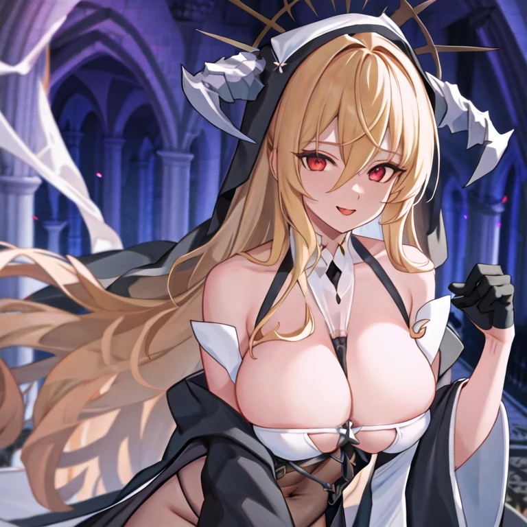 1 girl, Bangs, bare shoulders, between breasts, black skirt, (raise your hands), (black gloves), blonde hair, OK, , Sticking out tongue, Cover belly button, Habit, hair between eyes, halo, trumpet, huge breasts, unyielding \(Azure Lane\), long sleeve, looking at the audience, nun, pelvic curtain, Red eyes, Smile, alone, Very long hair, white, in the church