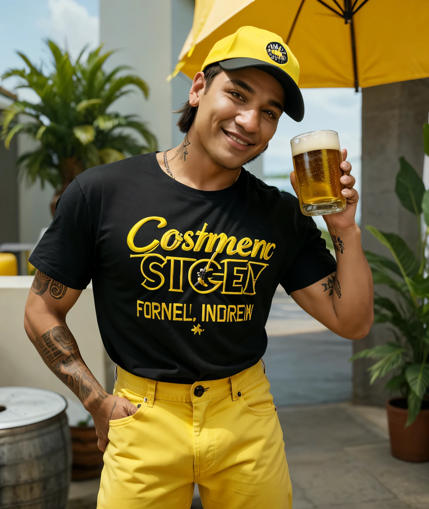 Homem moreno sorriso largo, strong indigenous traits, wearing jeans, black and yellow short-sleeved shirt and black cap written CHIEF DA GELA, WITH A BEER IN HAND, igual aos filmes da Disney Pixar