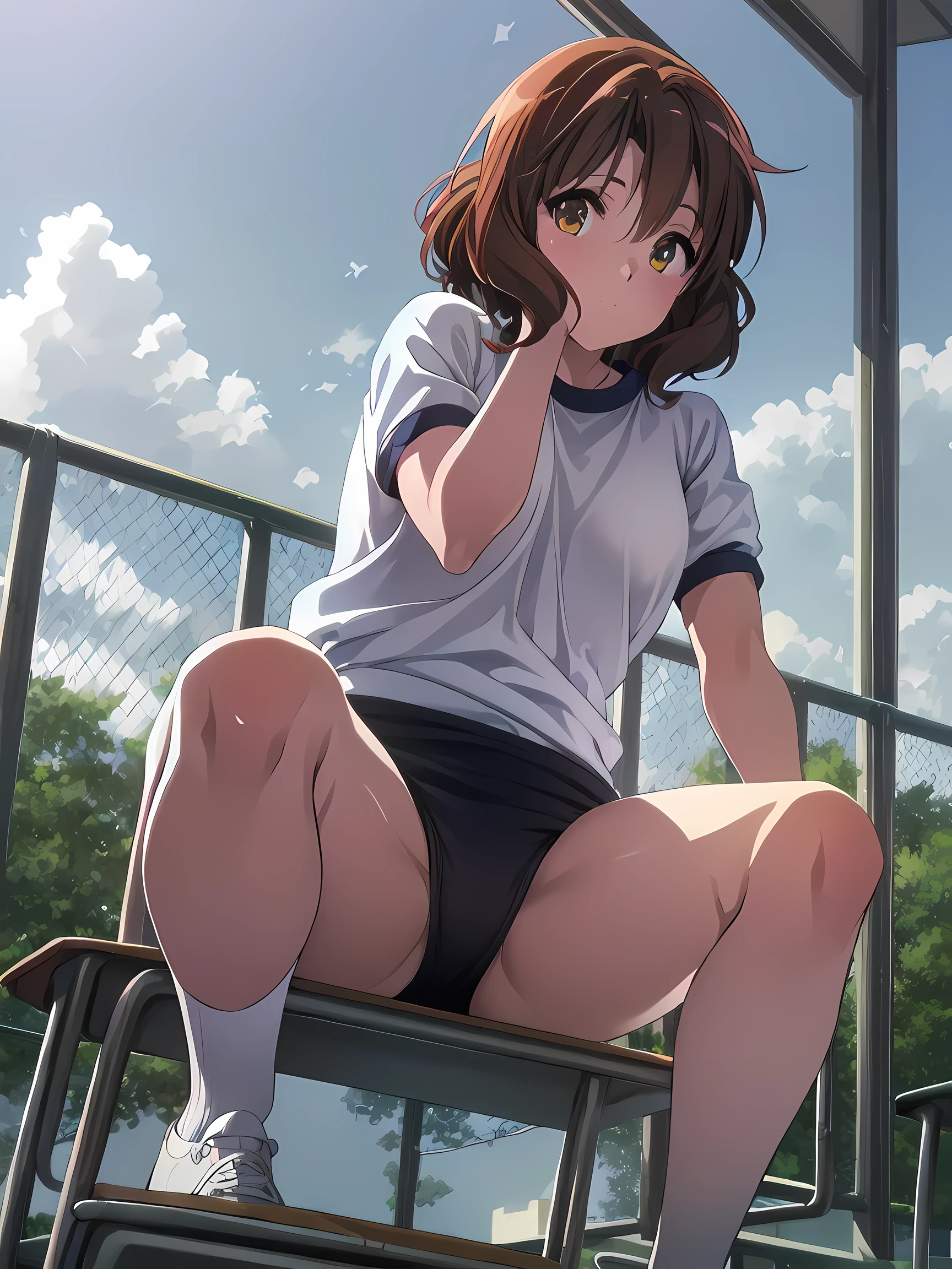 (NSFW:1.1), (realistic, photo realistic:1.2), ((highest quality)), move the center of gravity backwards, pretty embarrassing, oumae_kumiko_soundeuphonium, brown_hair, short_hair, brown_eyes, blush, bangs, (blue buruma:1.1), white gym uniform, athletic shoes, (sitting on ground:1.4), put the heel on the ground, spread legs, squat with your knees up, Attach your ass to the ground, beautiful face details, real human skin, gentle expression, Front view, angle from below, realistic, photorealistic, squat deep on school grounds, whole body, (looking at the viewer:1.2), From before, from below,