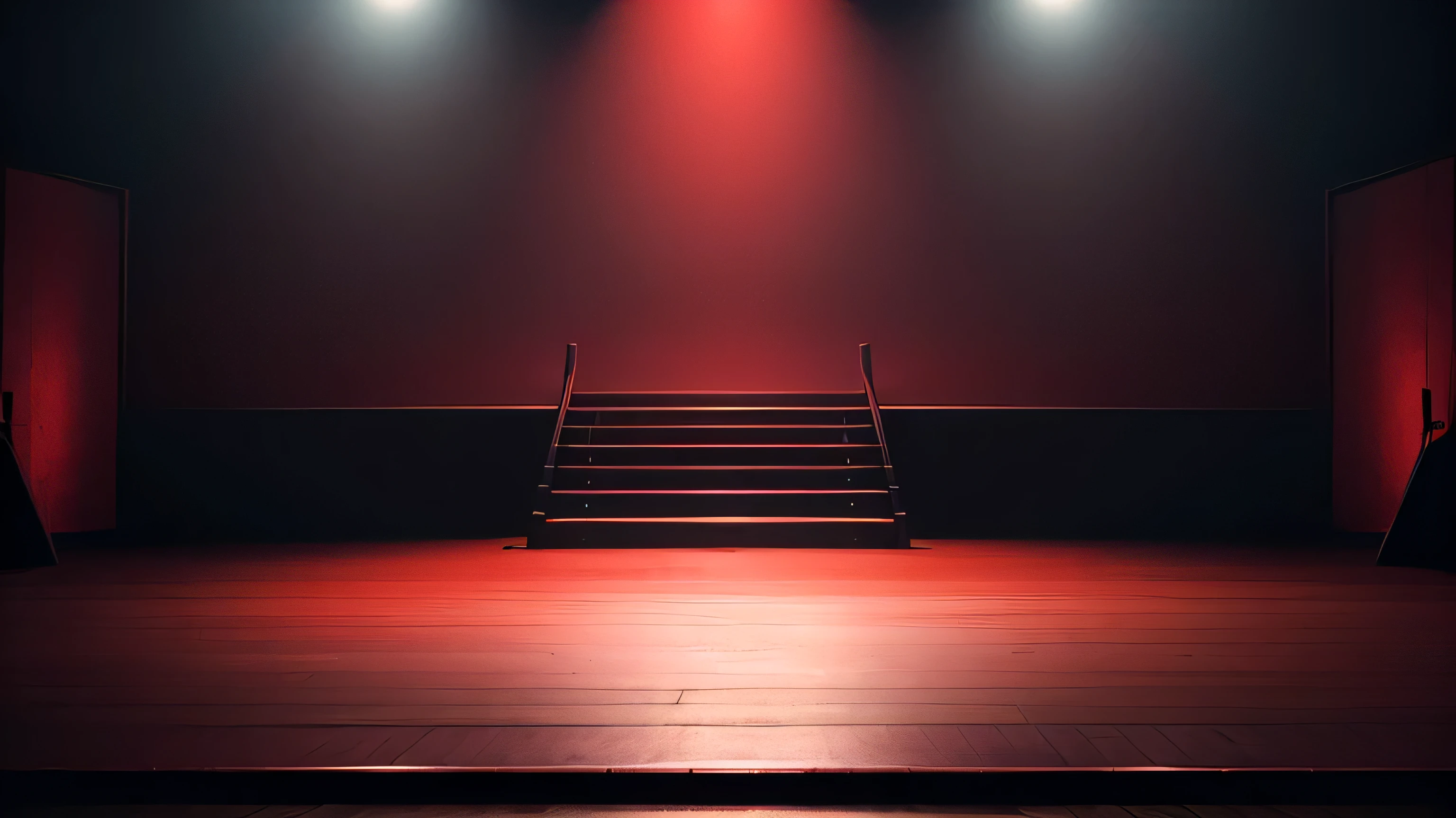 empty dark stage shows with tree stairs in the middle, dark red background, cinematic colors