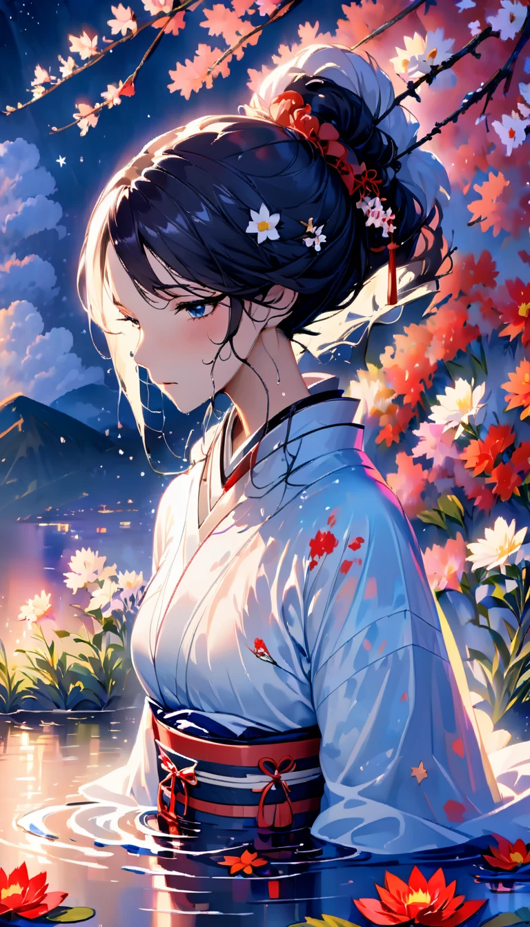 beautiful woman,Full body soaked in water,8head and body,Japanese clothing,night,月night,colorful clouds,star,wet skin,sexy,Sadness,glossy,Sit on the water,water splash on background,Water dripping down my face