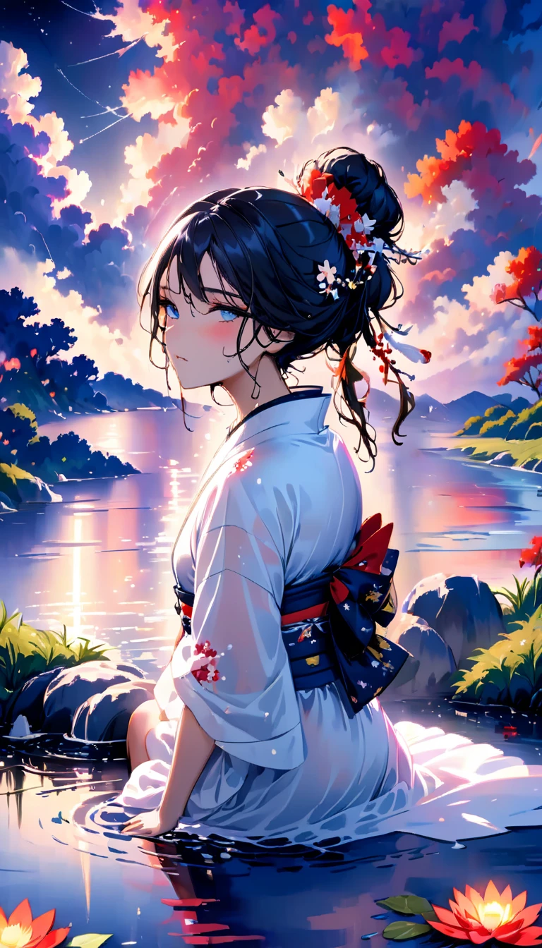 beautiful woman,Full body soaked in water,8head and body,Japanese clothing,night,月night,colorful clouds,star,wet skin,sexy,Sadness,glossy,Sit on the water,water splash on background,Water dripping down my face