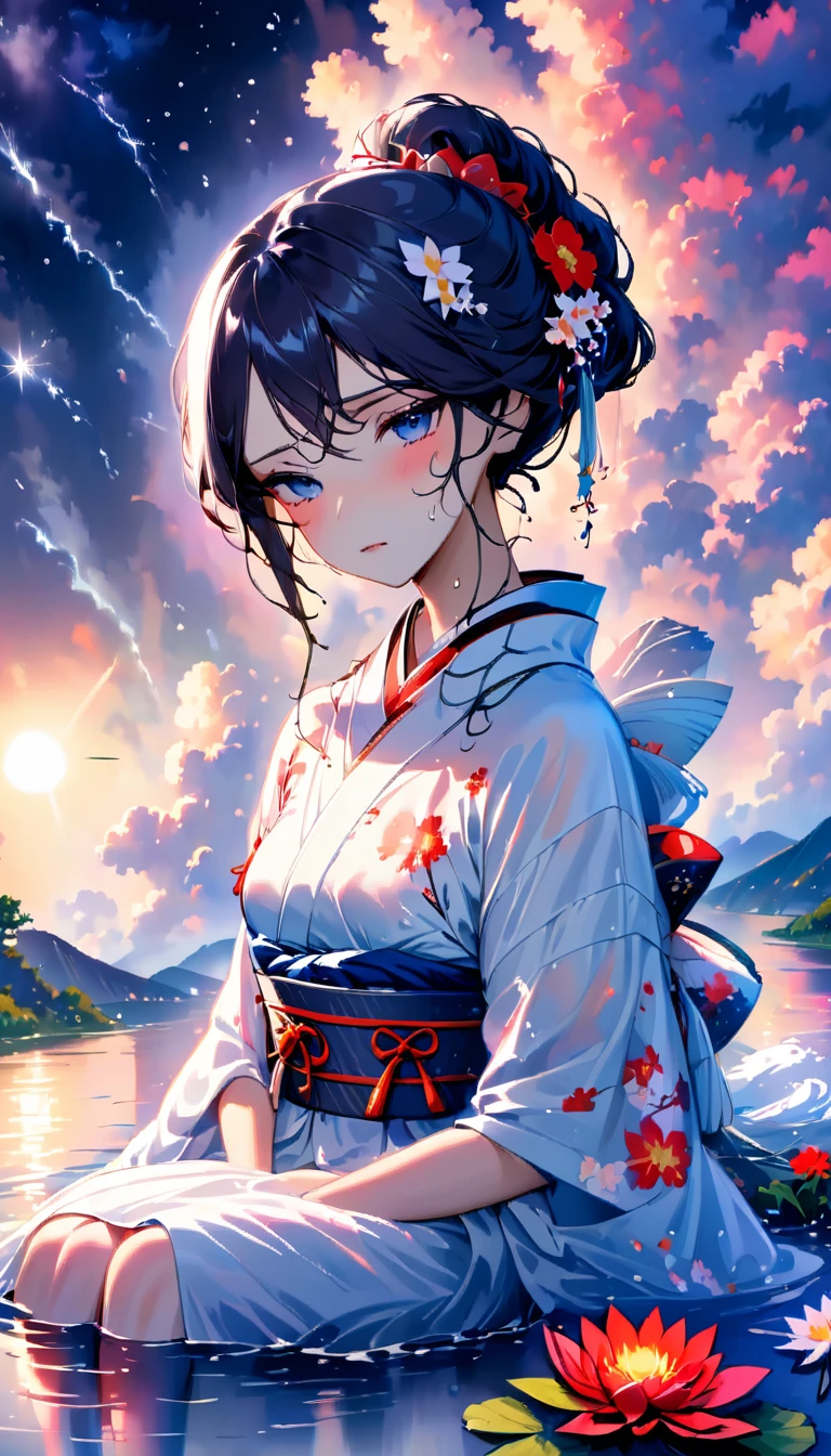 beautiful woman,Full body soaked in water,8head and body,Japanese clothing,night,月night,colorful clouds,star,wet skin,sexy,Sadness,glossy,Sit on the water,water splash on background,Water dripping down my face