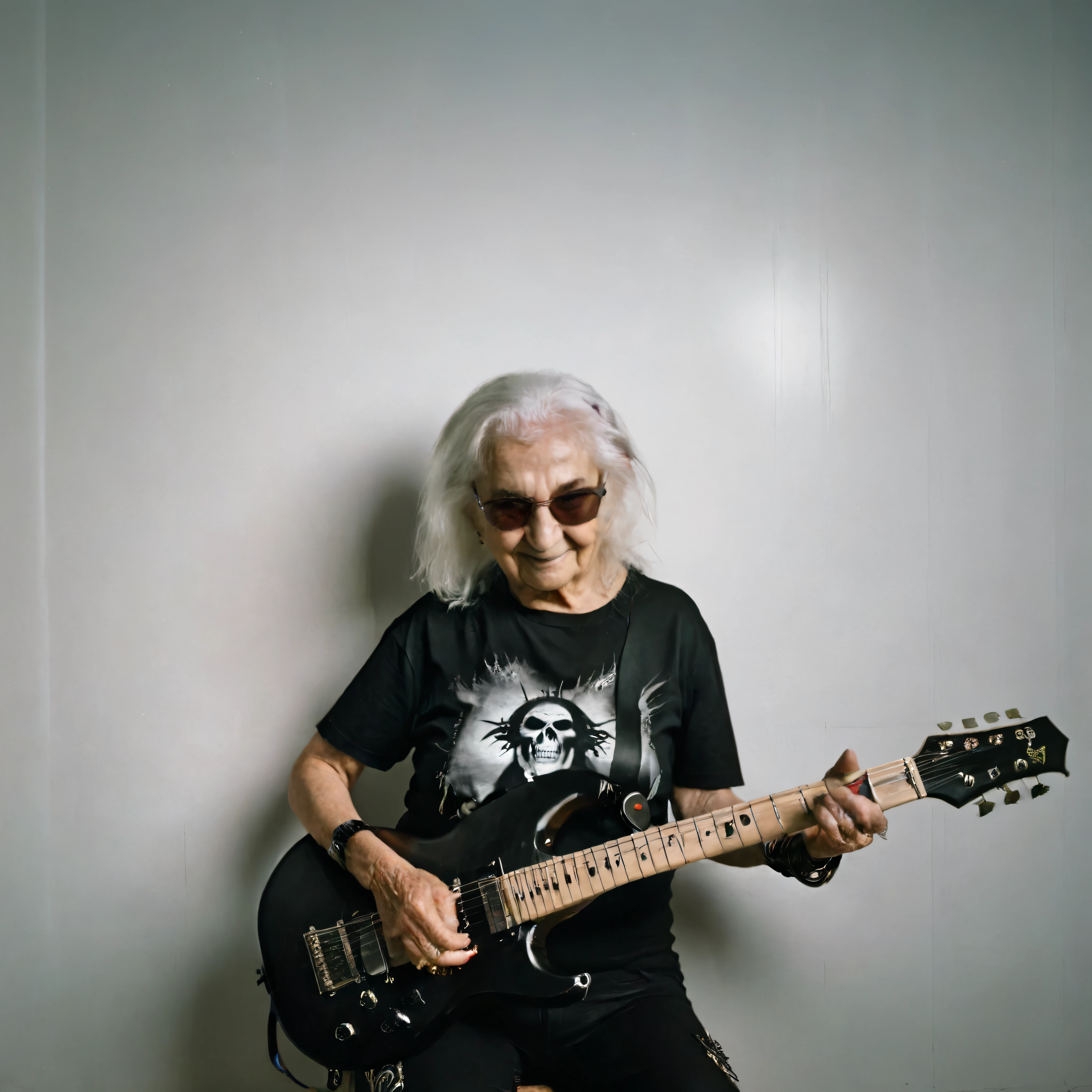 old lady with black metal t-shirt playing electric guitar, evil smile, fundo branco, backlight, cinematic lighting, f/1.8, Hasselblad, 35mm, de lado, Ultra HD, Anatomicamente Correto, preciso, alta qualidade, pele texturizada, super detalhe, Melhor qualidade, high resolution