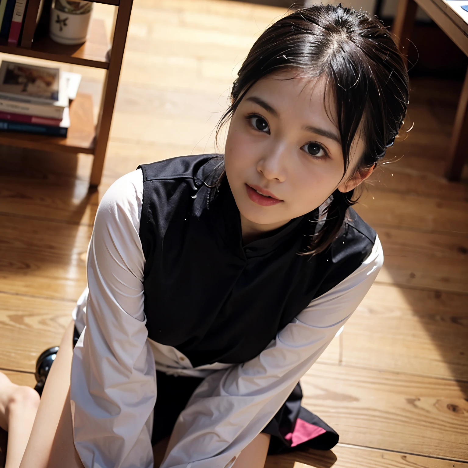 very high quality、get used to it、Two Japanese women with beautiful faces、single eyelid、amateur、Ordinary people、18 ~ Random age over 35、A little plump、1. Short Hair、People with ponytails、black hair、Wear a blouse over a naked body、posture of looking up、look at the camera、attractive appearance、sharp pupils、half open mouth、stick out tongue、Stroking the chest、Orgasm look、expression of ecstasy、((blush:2.0、wet body:2.0、wet hair:2.0、Drool:2.0、Cum dripping onto her lips and cheeks:2.0、Sit on the floor、Angle from above))、In front of the bookshelf in the library、、anatomically correct body、