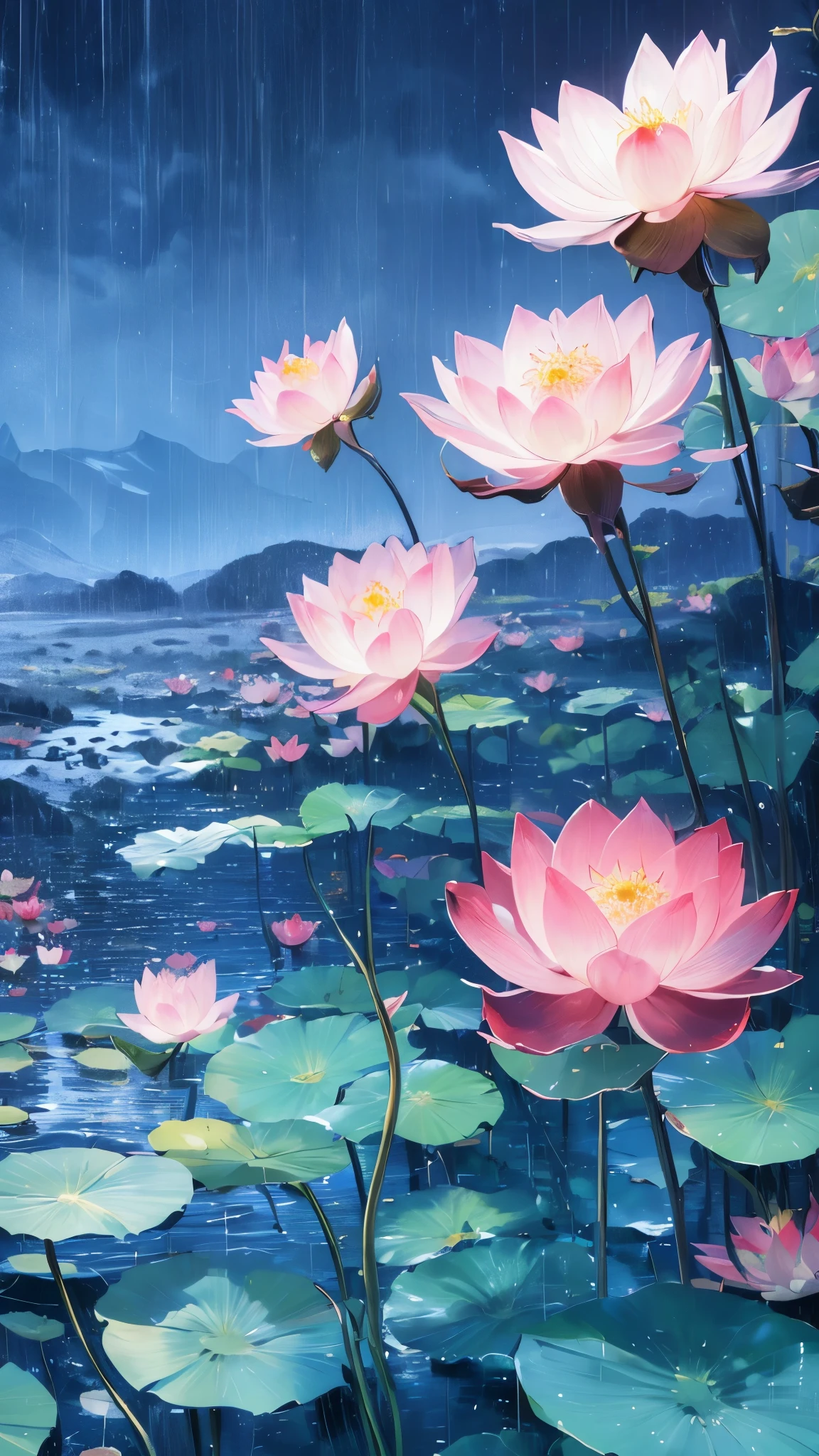 night, Only moonlight illuminates, crescent moon, mountains in the distance, Beautiful big lotus nearby, Big red lotus, There is running water next to it, frog, Summer is full of joy, crescent moon in the sky mixed with stars, amazing wallpapers, rainy night, rainy night, Beautiful and beautiful, Movie, high detail ((downpour))), 8K