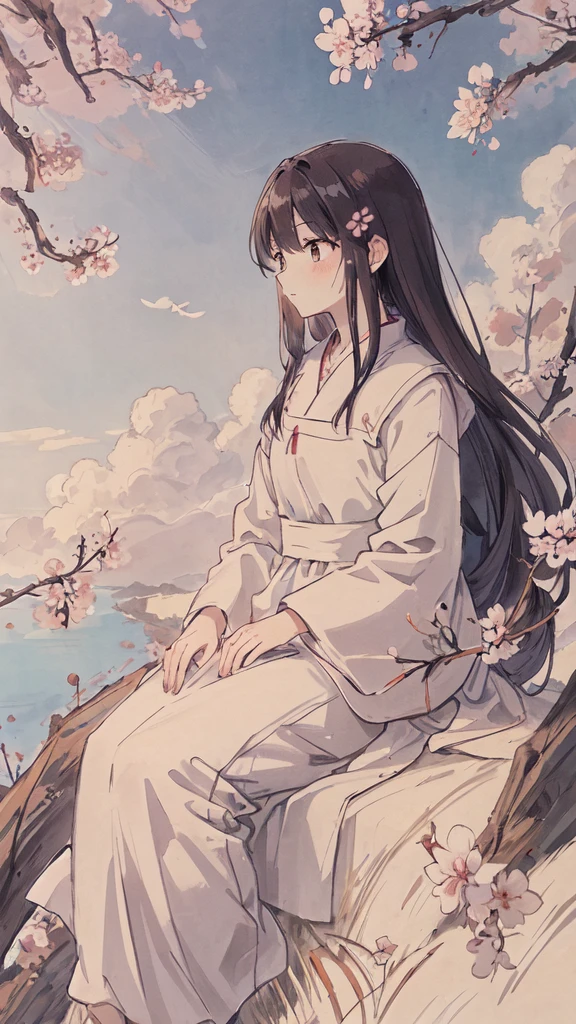 masterpiece, highest quality, morning, hill, cloud, long hair, woman, silhouette, firefly,cherry blossoms,blue sky background,sitting