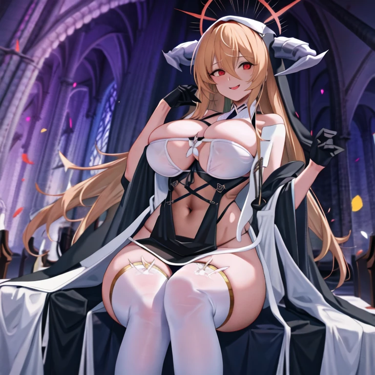 1 girl, Bangs, bare shoulders, between breasts, black skirt, (hands up), (black gloves), blonde hair, bra, split, stick out tongue, cover navel, Habit, hair between eyes, halo, horn, huge breasts, unyielding \(Azure Lane\), long sleeve, looking at the audience, nun, pelvic curtain, Red eyes, Smile, alone, Very long hair, white stockings, in church