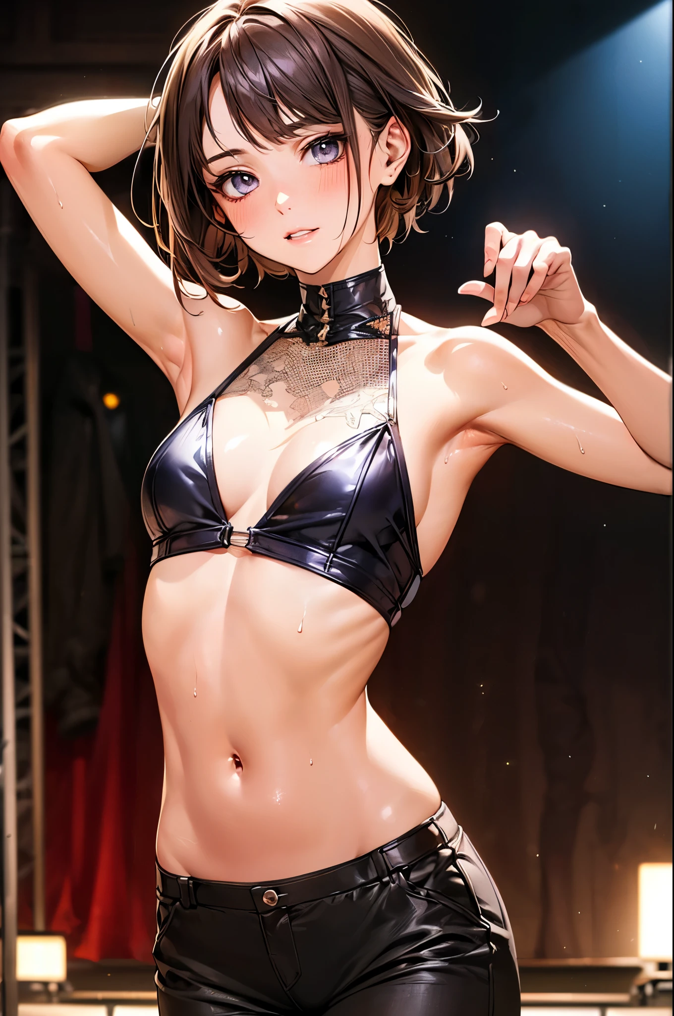dynamic angle、((perfect anatomy:1.5,realistic:1.3,RAW Photography:1.3,masterpiece、highest quality、Ultra - High resolution、High resolution、Highly detailed CG、8K)),cowboy shot,1 female,solo,K-POPアイドル,18-year-old、High school girl beautiful girl,Japanese,((beautiful detailed face and eyes:1.2,big gorgeous eyes:1.2,gray eyes)),dark brown hair,short bob hair,bangs,medium breasts,slender body,small head:1.3,skinny,(oily skin,gleaming skin,shiny skin、sweat,navel),(dancing:1.5),HIP-HOPファッション、wide pants,stage、Harajuku、Tokyo、