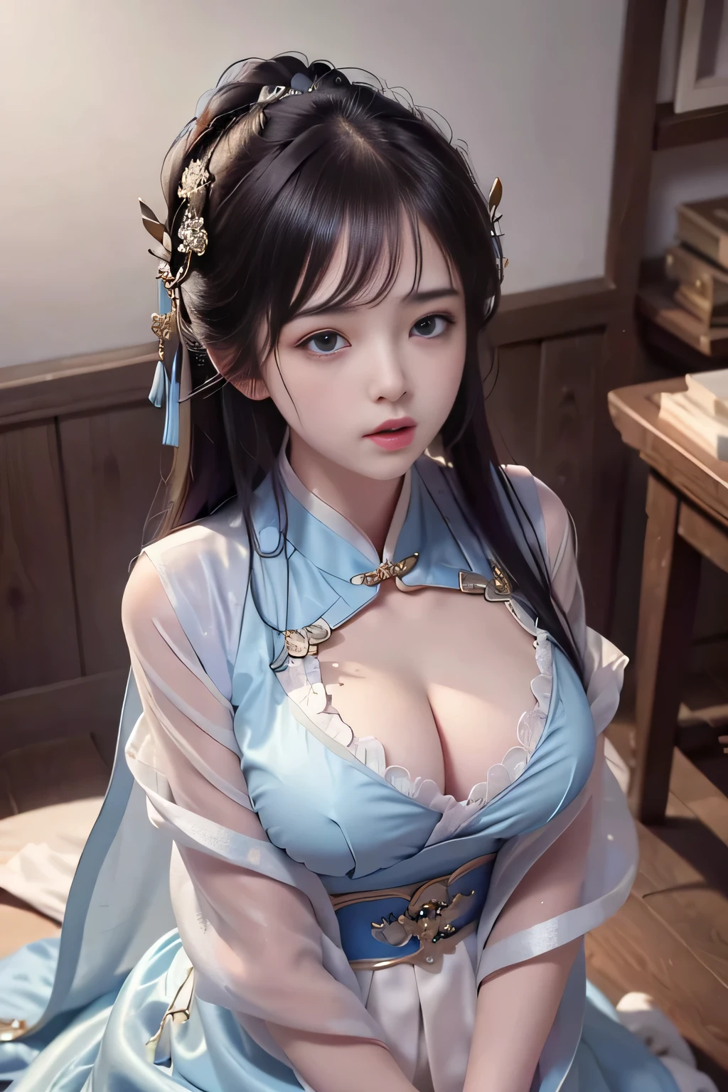 Wet-breasted Hanfu  dynasty open V-chested clothes royal Wet body of thin silk fabric, Thin silk lace petticoat,princess 8 yeald old cute, (huge ，cleavage),petticoat, white pink, blue ，best qualtiy，tmasterpiece，ultra high resolution，（Realism：1.4），RAW photogr，（True skin texture：1.3），（filmgrain：1.3），（Selfie angle），1个Giant Breast Girl，Beautiful eye and face details，tmasterpiece，Best quality at best，exposing thighs，Bigchest，The chest is more exposed， detailed hair，above looking down facing at camerSuper big eyes,Detailed face,shiny pupils,