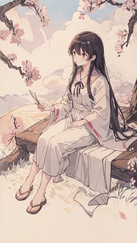 masterpiece, highest quality, morning, hill, cloud, long hair, woman, silhouette, firefly,cherry blossoms,blue sky background,sitting,script 2